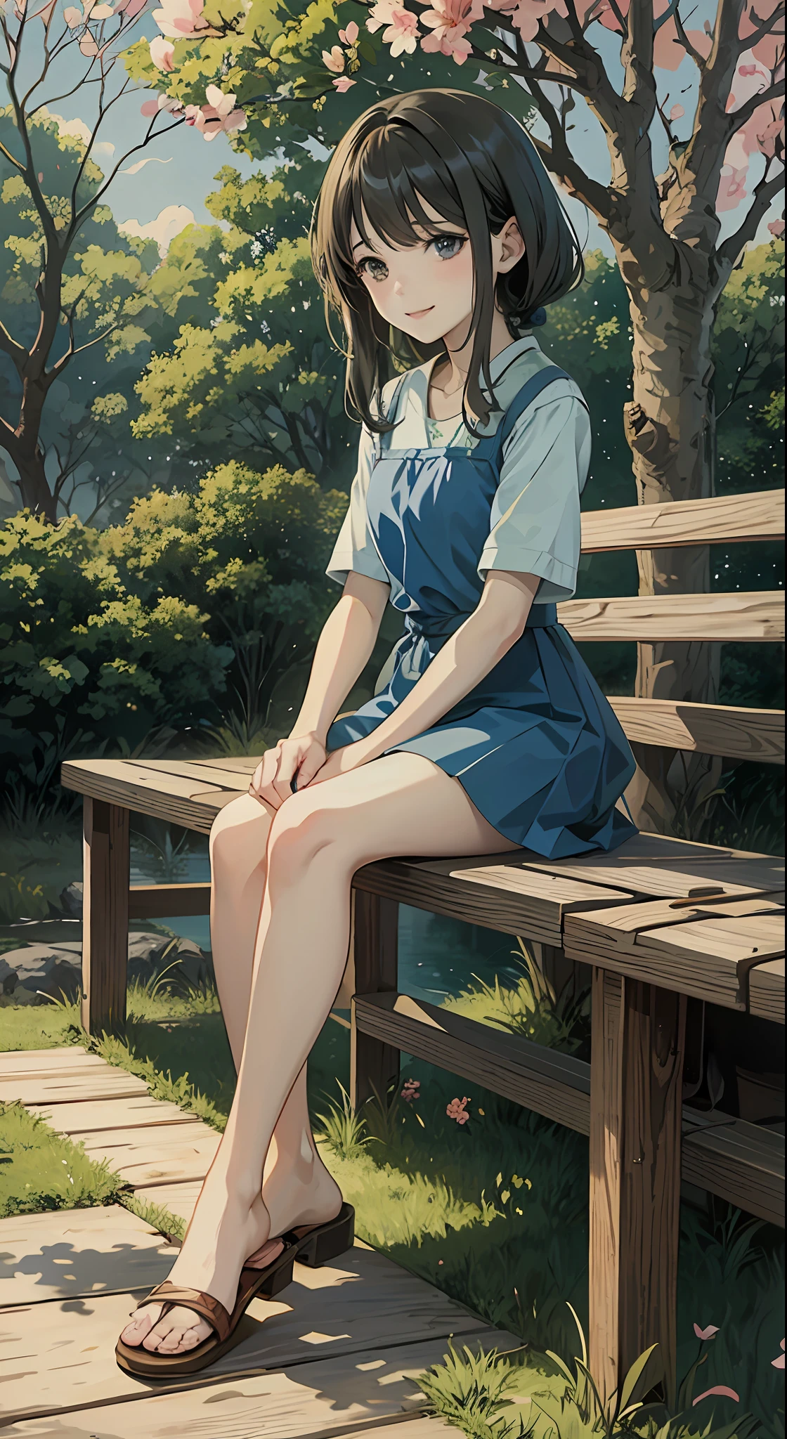 16 years old, anime girl writing book on wooden bench with a tree in the background, anime visual of cute girl, digital anime illustration, beautiful anime art style, anime style illustration, anime style. 8k, soft anime illustration, official art, anime illustration, art style in bovot, Ghibli anime style, anime art style, black hair, smile, Ghibli-like color, UHD