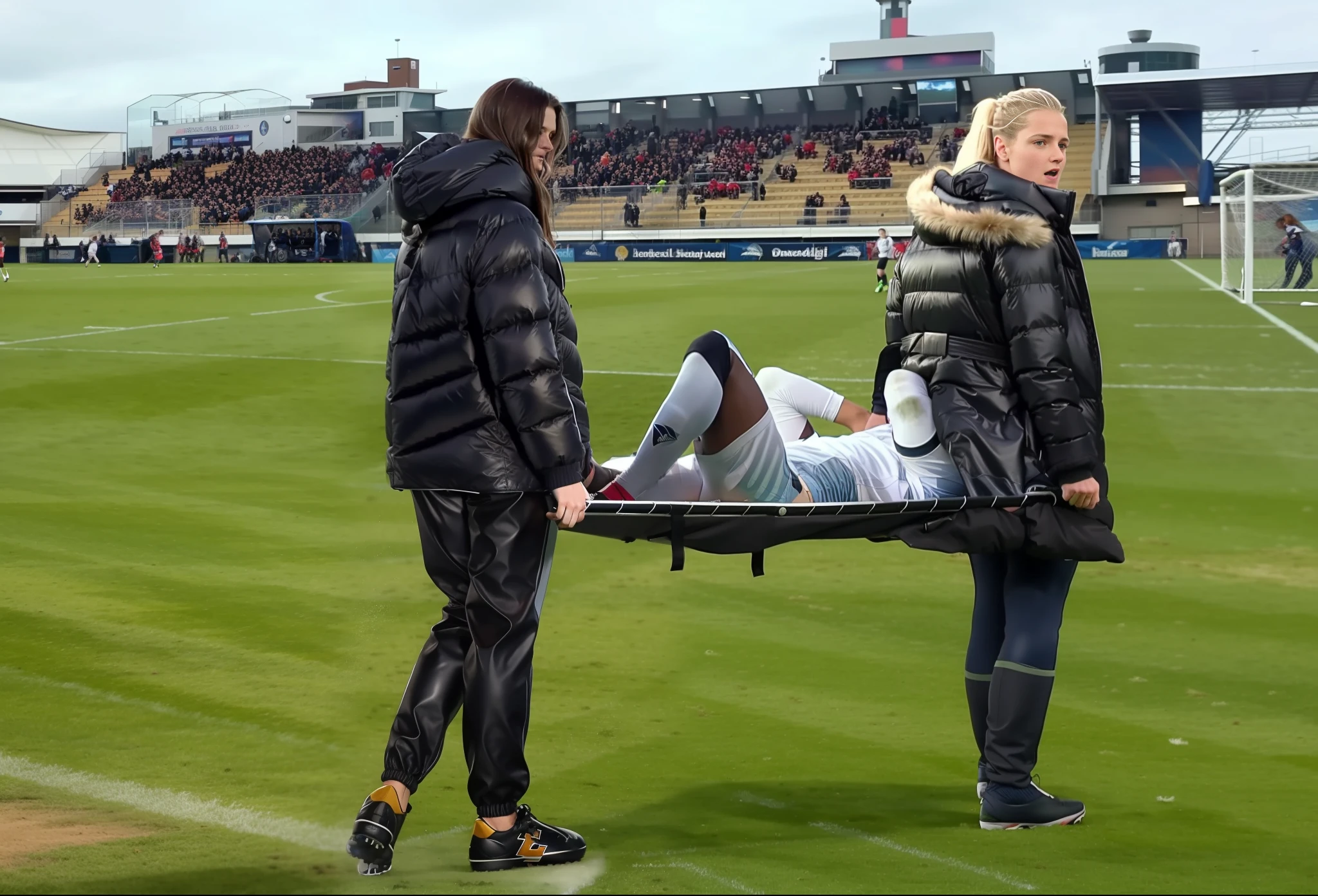 black shiny down jackets, shiny down jackets, there are longhaired woman who are wearing very high-gloss and waterproof puffy jackets and shiny leather pants, the women are carrying a stretcher in a sports stadium, on the stretcher there is lying a young Caucasian football player, the football player is wearing a white short-sleeved shirt and white shorts, the soccer player is lying on his back on the stretcher and is covering his face with both hands, the women are angry and are shouting out loud, the women are frightened and are looking very concerned, the woman are  in love with the soccer player, the women are carrying the stretcher out of the soccer field, the sports field in the background is a soccer field with a large visitors' stand, a soccer match is playing in the background, dramatic action pose, dramatic suffering pose, accident scene, first-aid-scene, theatralic pity poses