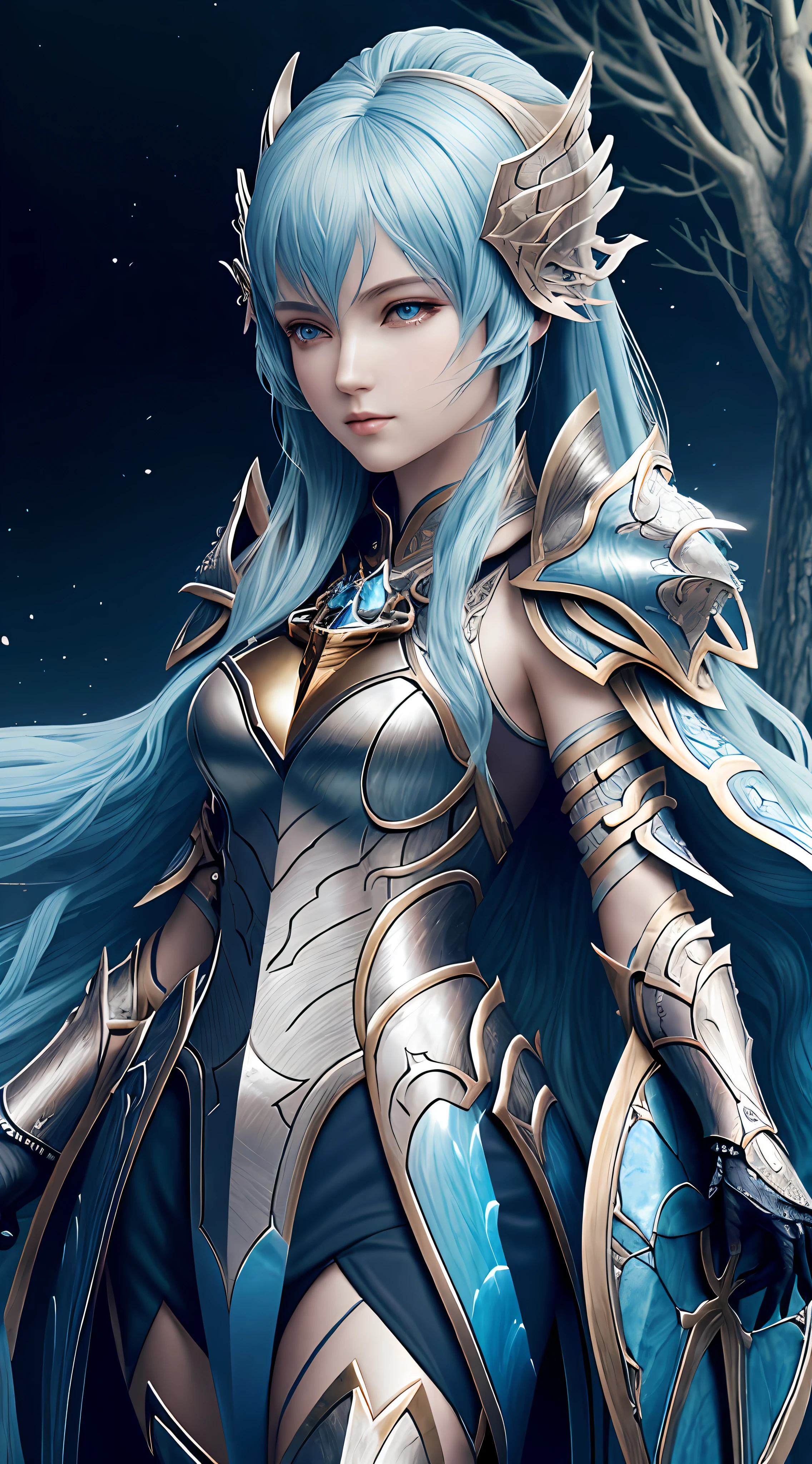 A close-up of a woman wearing ethereal armor, extreme fantasy art, high-quality 2.5D anime fantasy works, exquisite epic armor, beautiful key character art, 4K fine fantasy art, dazzling light blue armor details, detailed digital art, real fantasy art, aesthetic art style.