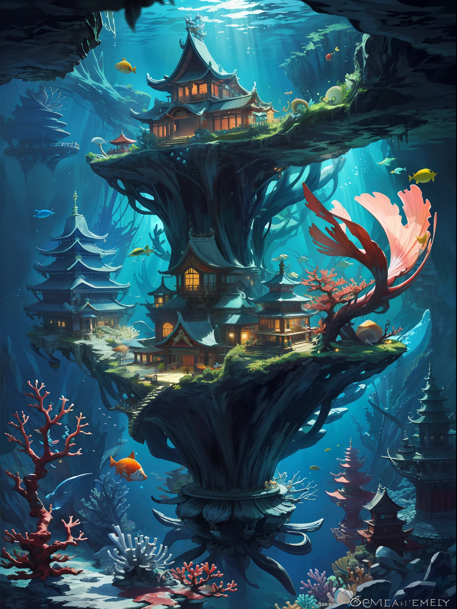 Highest quality,Great work,(Scene:1.2),fantasy,underwater,(seabed:1.3),(Ring City:1.3),east asian architecture,seashell,coral,plants in the sea,floating (fish:1.35),(lamp:0.7)