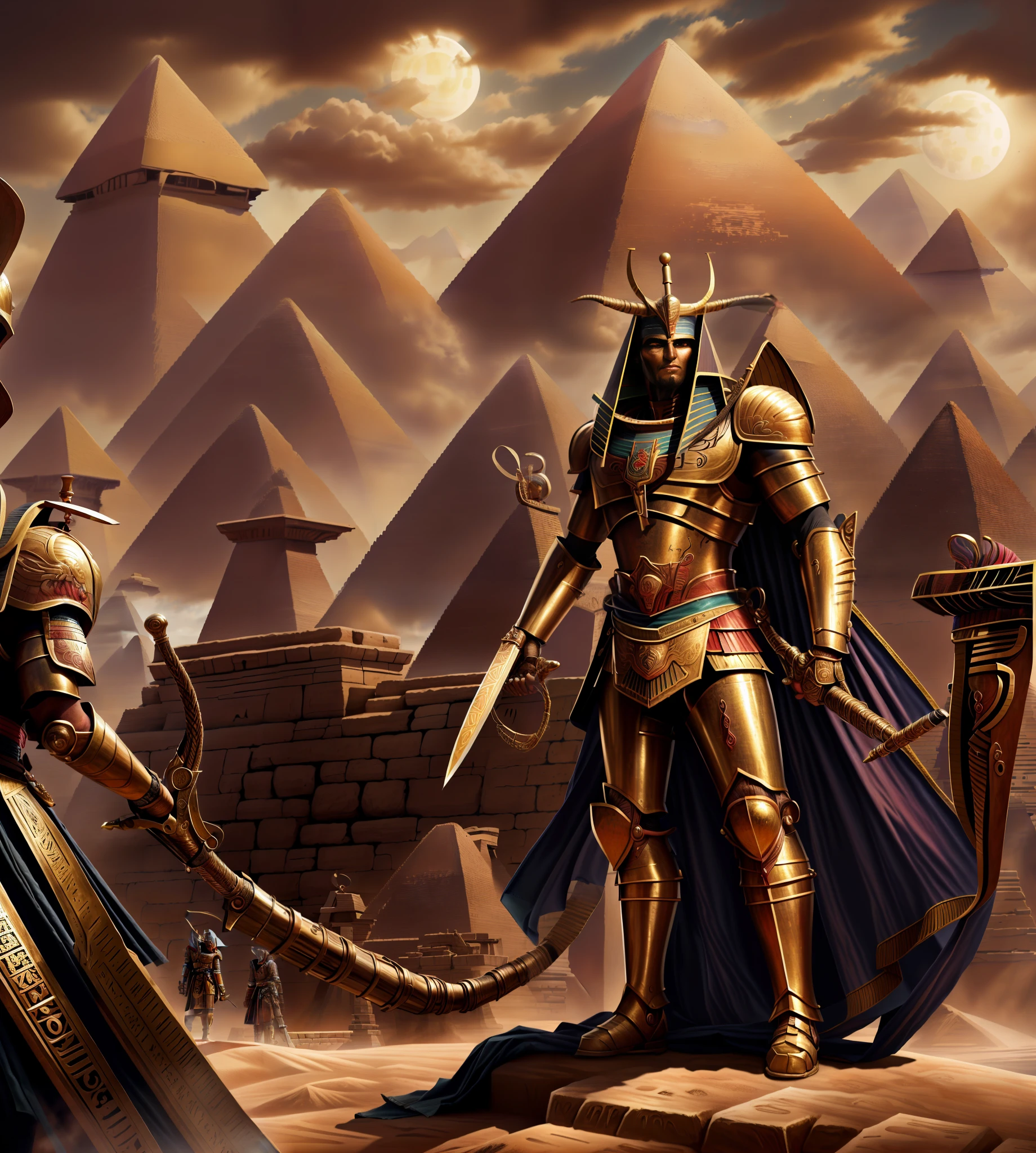 painting of two men in armor standing in front of a pyramid, egyptian samurai, egyptian warrior, by Kerembeyit, the egyptian god, the god anubis, pharoah, egyptian god, an undead desert lich pharaoh, by Johfra Bosschart, egypt themed art, anubis, storm egyptian god, red eyes, UHD, retina, masterpiece, anatomically correct, ccurate, textured skin, super detail, high quality, high details, award winning, best quality, highres, 1080P, HD, 4K, 8k, 16k