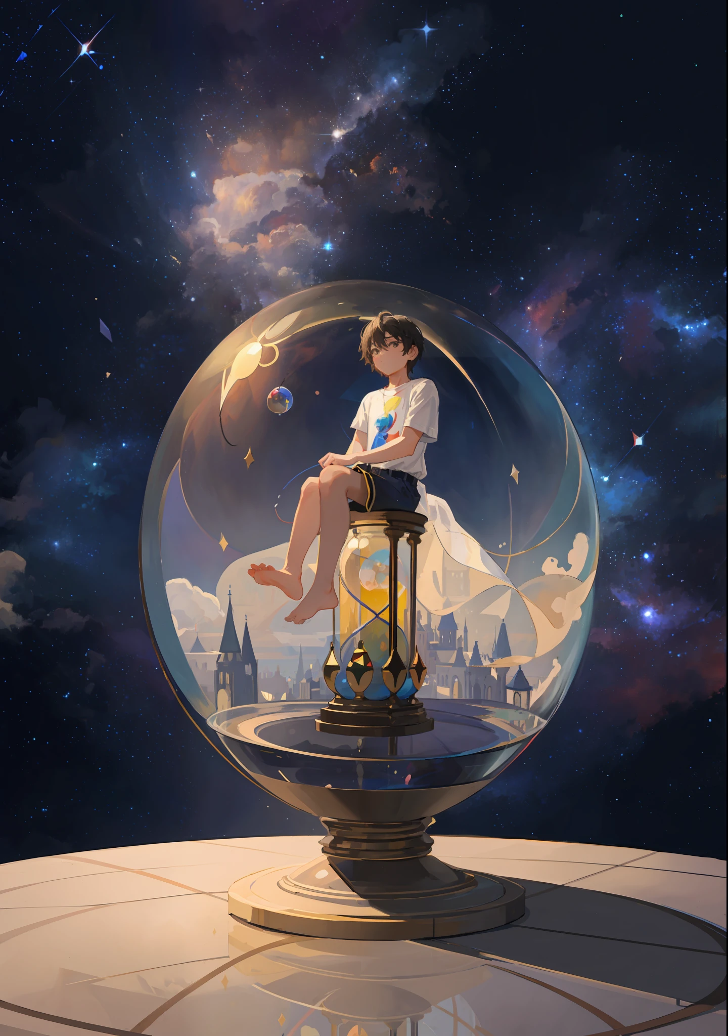 Perfect masterpiece, highest quality, perfect painting style, 8K, a lonely boy, wearing shorts, sitting on a huge hourglass, expressionless, looking forward melancholy, background art, ethereal, suspended in the universe, the universe is all suspended hourglass, glass ball reflective, barefoot, translucent glass ball,
