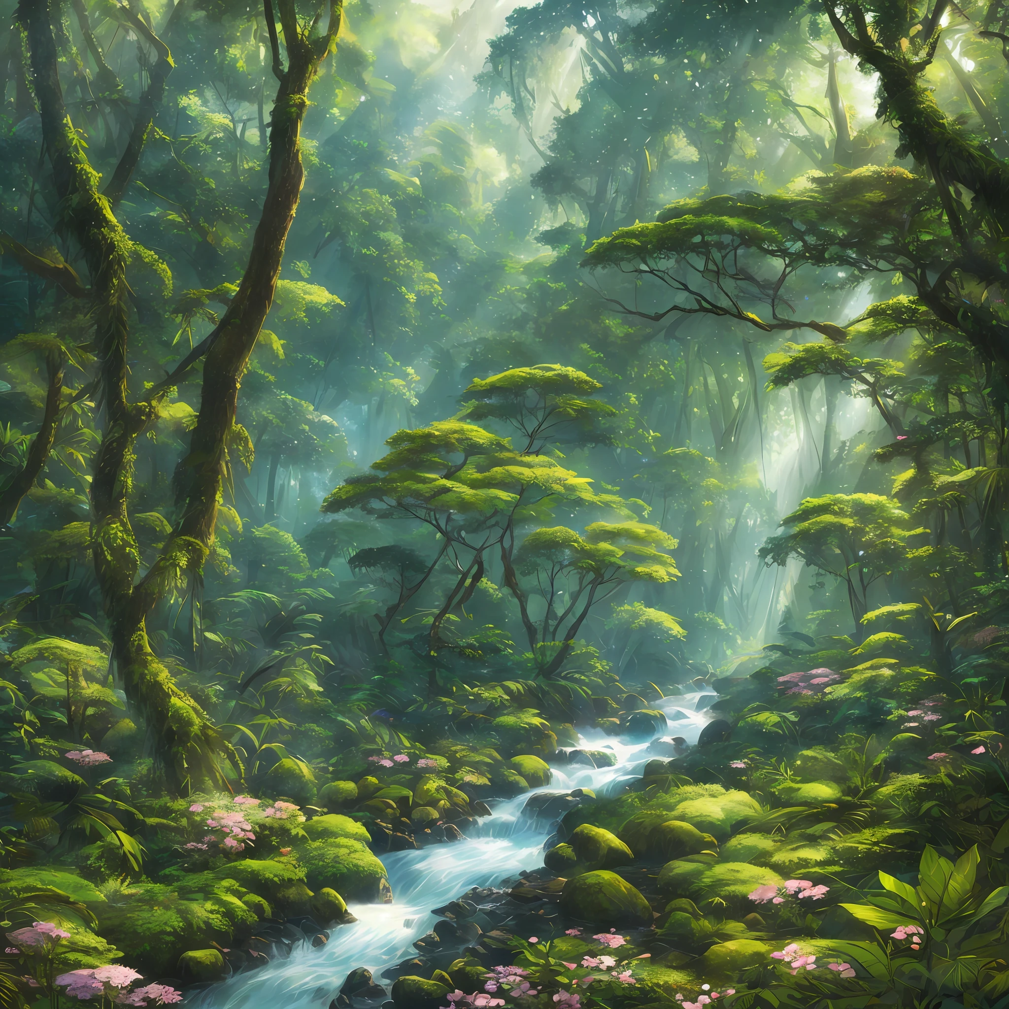 Digital illustration, detailed and intricate, picture of a dense rainforest with wild flowers , the sunlight filtering through the canopy to a wide river, Dark and dirty prism effect.In the style of Yoshitaka Amano and Hayao Miyazaki, masterpiece, proportional, detailed, trending on artstation, beautiful lighting, realistic, intricate, award winning, 4k, highest quality Award-winning, 4K digital painting in the style of Yoshitaka Amano. Detailed and intricate depiction of rainforest ecosystem, masterfully capturing the chaos and drama of the nature. Beautiful lighting and cinematic composition make this piece a true masterpiece, trending on artstation --auto --s2