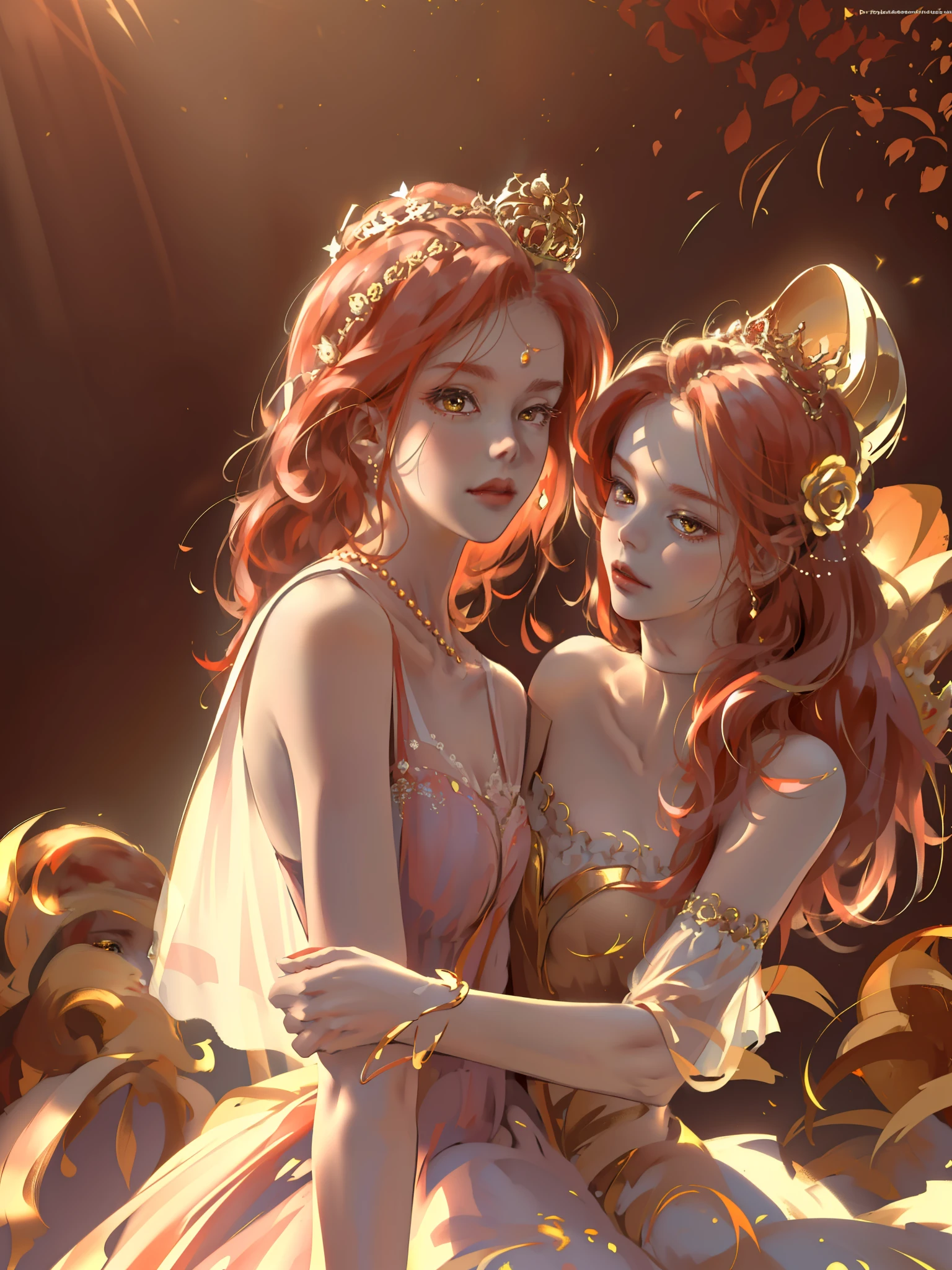 (((Masterpiece)), high quality, super detailed, red hair + golden clothing: 1.2, sweet and delicate girl, delicate facial features, perfect body, Lolita, crown, face with decoration, rose, bright bright colors, pearl white background, romantic long hair, natural light, warm and sweet, golden eyes, gorgeous hair decoration.