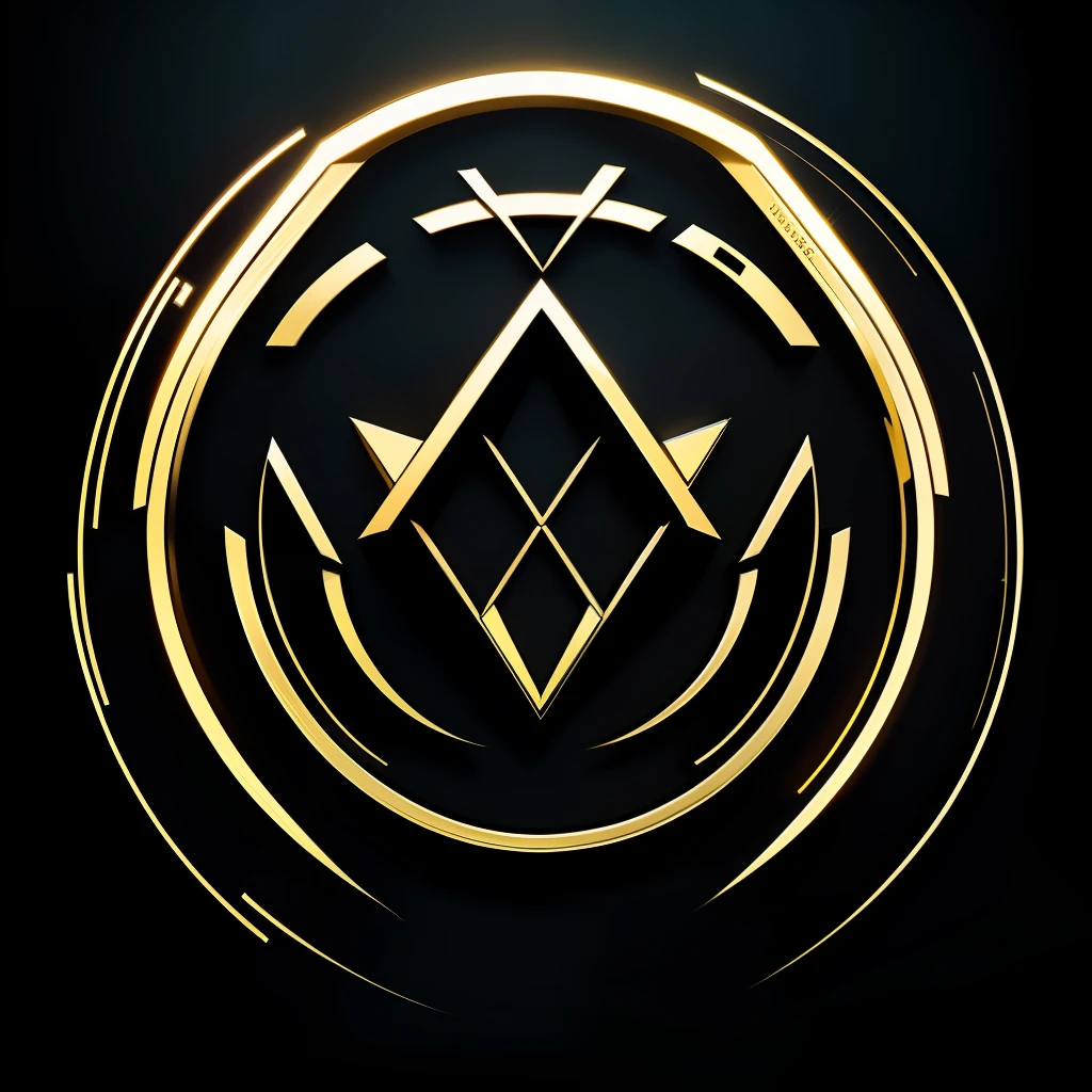 (symbol, logo, style),(metallic, bright, futuristic design), geometric shape, black and gold, attractive, with depth, neon lighting, featured in the center of the logo.