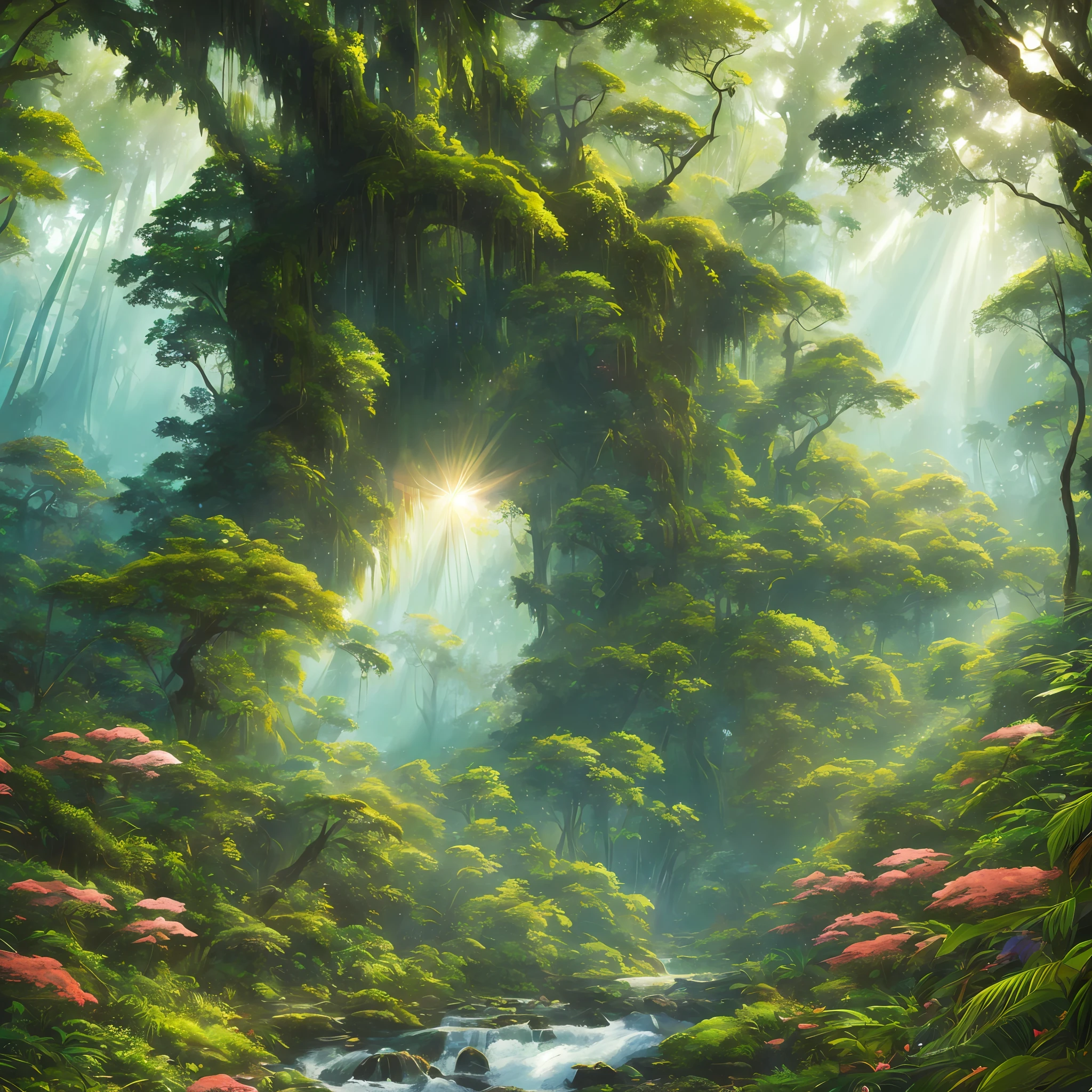 Digital illustration, detailed and intricate, picture of a dense rainforest with wild flowers , the sunlight filtering through the canopy to a wide river, Dark and dirty prism effect.In the style of Yoshitaka Amano and Hayao Miyazaki, masterpiece, proportional, detailed, trending on artstation, beautiful lighting, realistic, intricate, award winning, 4k, highest quality Award-winning, 4K digital painting in the style of Yoshitaka Amano. Detailed and intricate depiction of rainforest ecosystem, masterfully capturing the chaos and drama of the nature. Beautiful lighting and cinematic composition make this piece a true masterpiece, trending on artstation --auto --s2