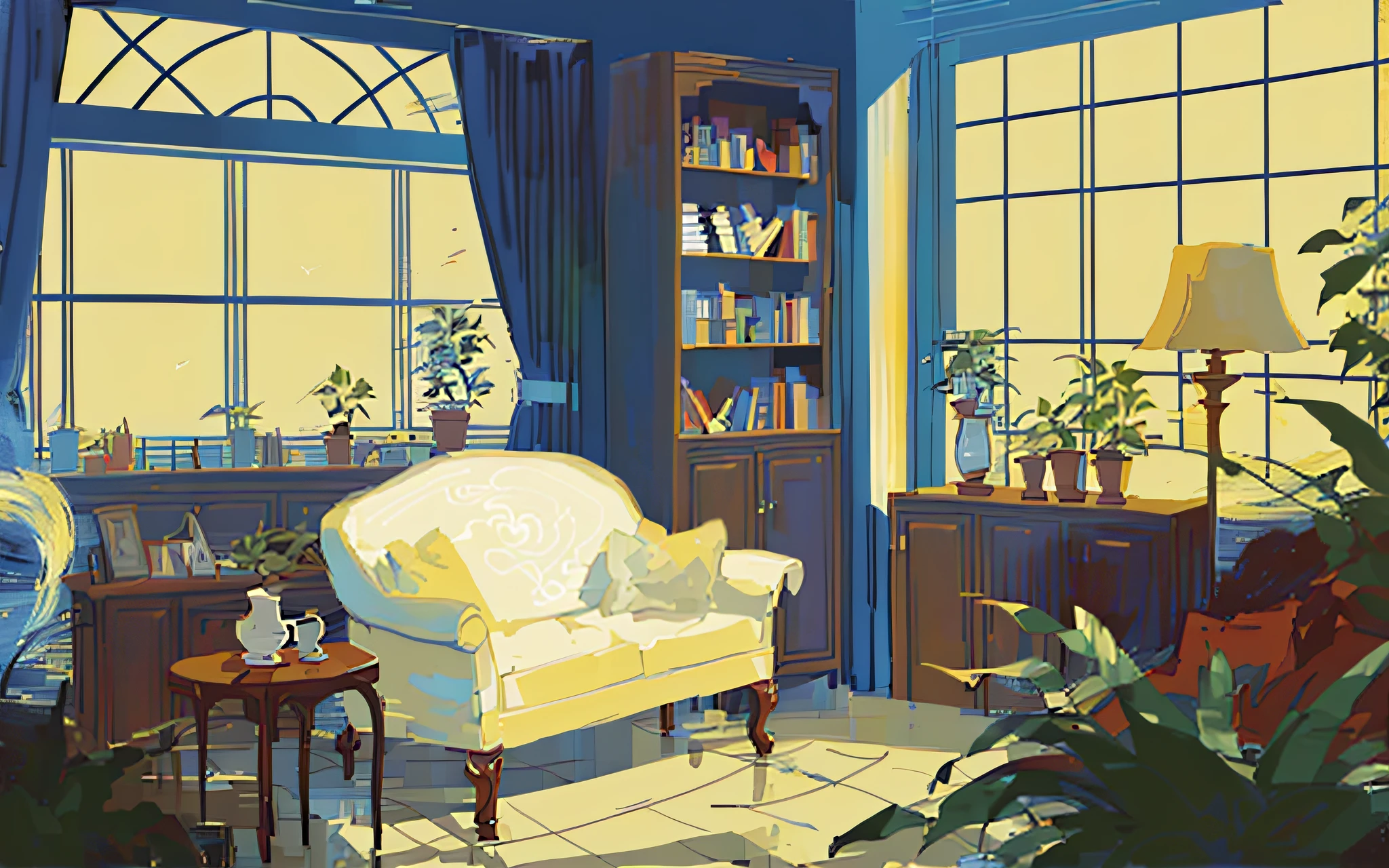 living room, sofa, window, curtains, dappled sunlight, potted plant, table, cabinet, bookshelf, paper, lamp, typewriter, garden