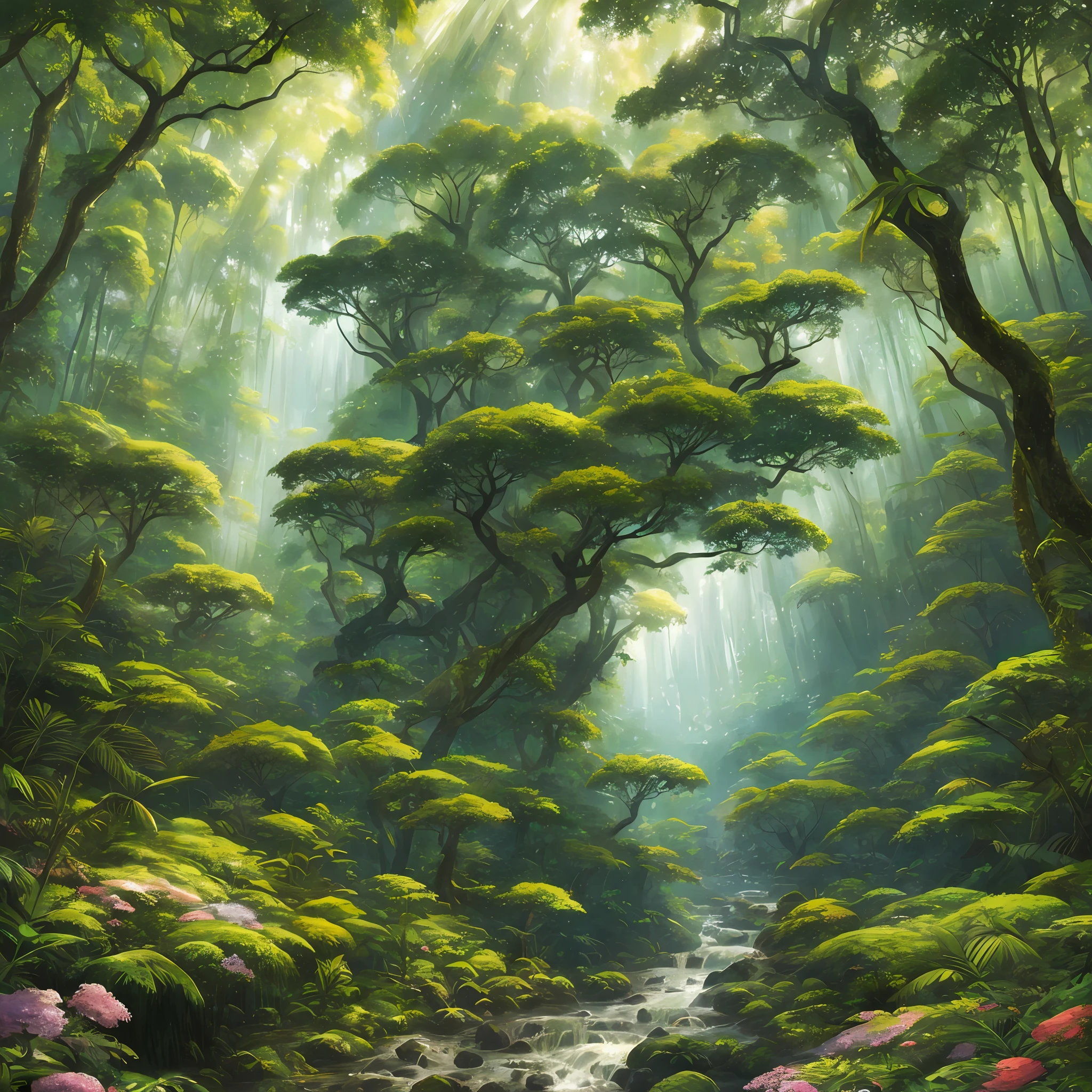 Digital illustration, detailed and intricate, picture of a dense rainforest with wild flowers , the sunlight filtering through the canopy to a wide river, Dark and dirty prism effect.In the style of Yoshitaka Amano and Hayao Miyazaki, masterpiece, proportional, detailed, trending on artstation, beautiful lighting, realistic, intricate, award winning, 4k, highest quality Award-winning, 4K digital painting in the style of Yoshitaka Amano. Detailed and intricate depiction of rainforest ecosystem, masterfully capturing the chaos and drama of the nature. Beautiful lighting and cinematic composition make this piece a true masterpiece, trending on artstation --auto --s2