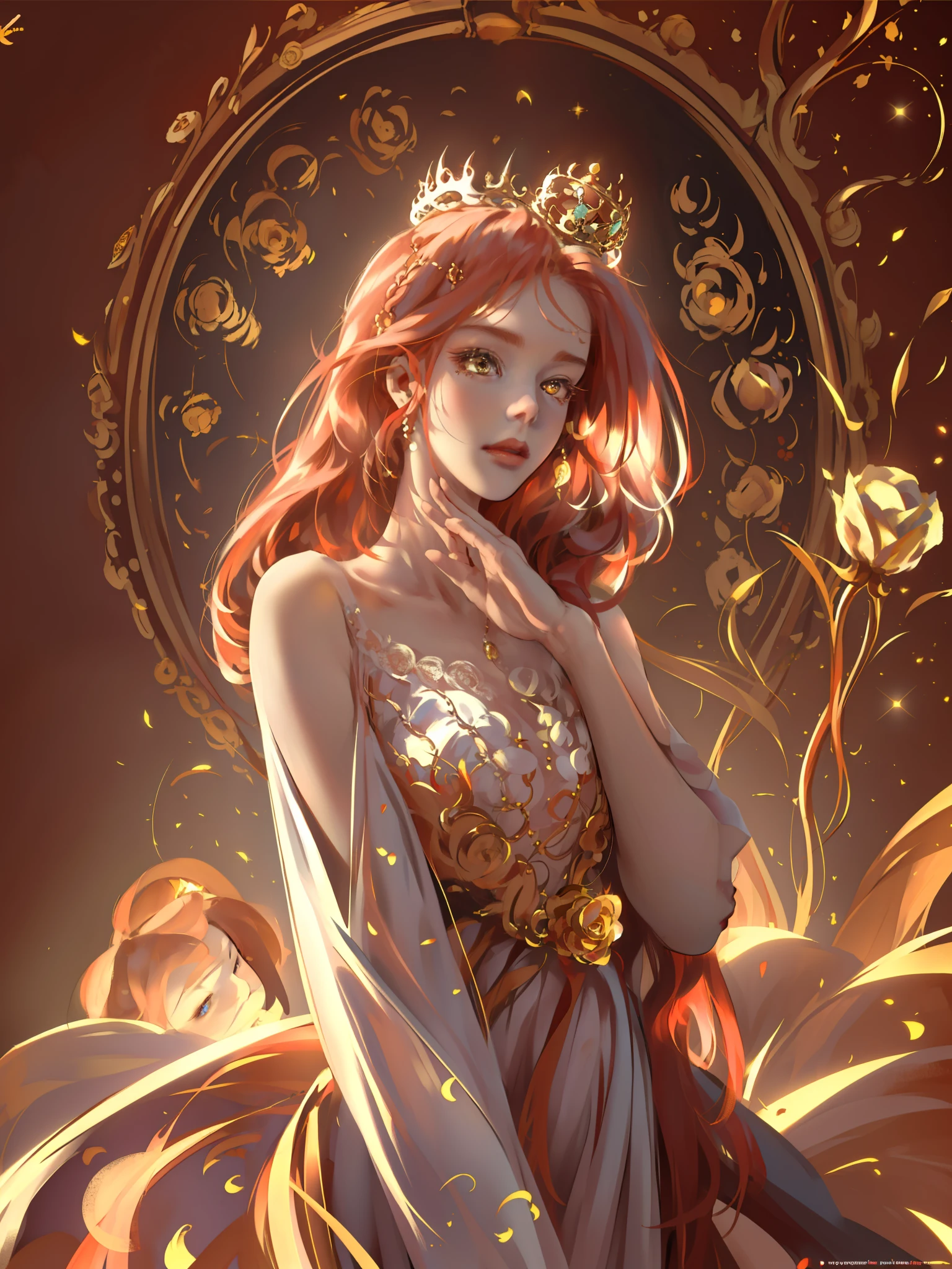(((Masterpiece)), high quality, super detailed, red hair + golden clothing: 1.2, sweet and delicate girl, delicate facial features, perfect body, Lolita, crown, face with decoration, rose, bright bright colors, pearl white background, romantic long hair, natural light, warm and sweet, golden eyes, gorgeous hair decoration.