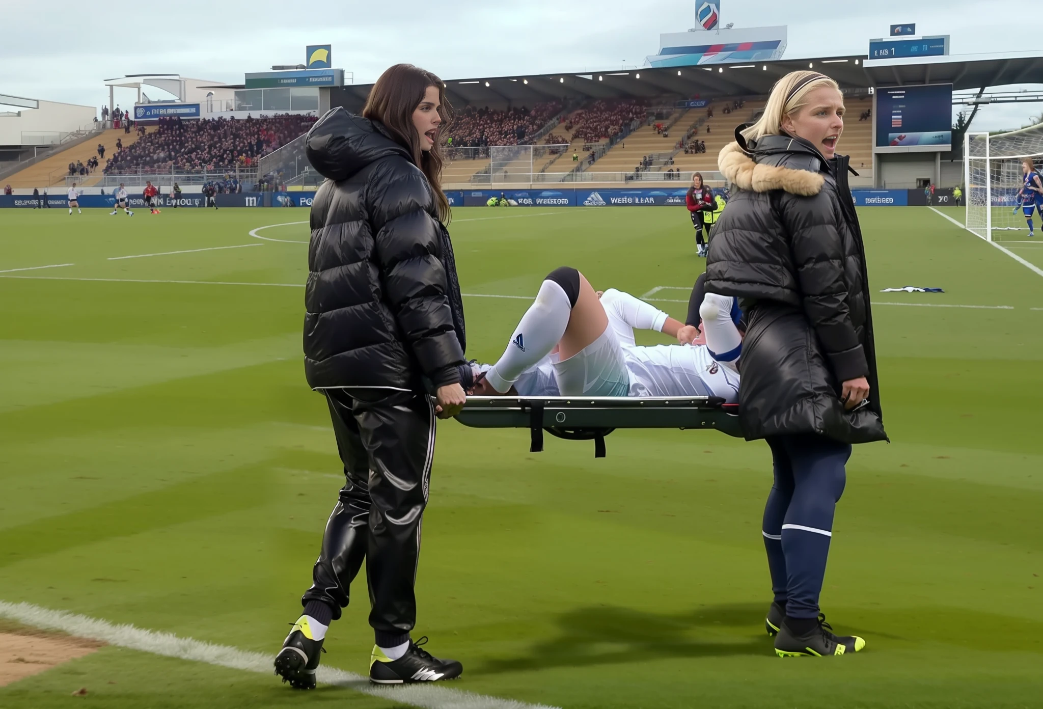 black shiny down jackets, shiny down jackets, there are longhaired woman who are wearing very high-gloss and waterproof puffy jackets and shiny leather pants, the women are carrying a stretcher in a sports stadium, on the stretcher there is lying a young Caucasian football player, the football player is wearing a white short-sleeved shirt and white shorts, the soccer player is lying on his back on the stretcher and is covering his face with both hands, the women are angry and are shouting out loud, the women are frightened and are looking very concerned, the woman are in love with the soccer player, the women are carrying the stretcher out of the soccer field, the sports field in the background is a soccer field with a large visitors' stand, a soccer match is playing in the background, dramatic action pose, dramatic suffering pose, accident scene, first-aid-scene, theatralic pity poses