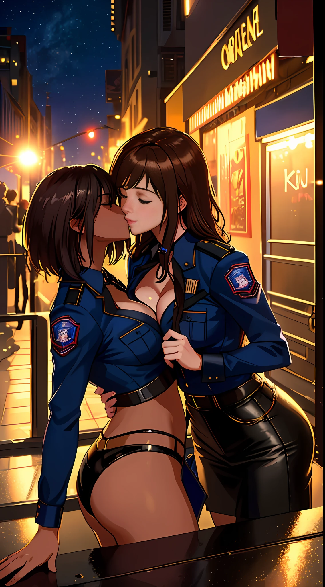 masterpiece, best quality, 8k, sharp focus, depth of field, best shadows, perfect lights, HDR, realistic skin texture, hyper detailed background, 2 women kissing, outisde the night club, they are wearing police uniform, one woman has bronze skin, the other woman is white, lesbian, yuri, lascivious