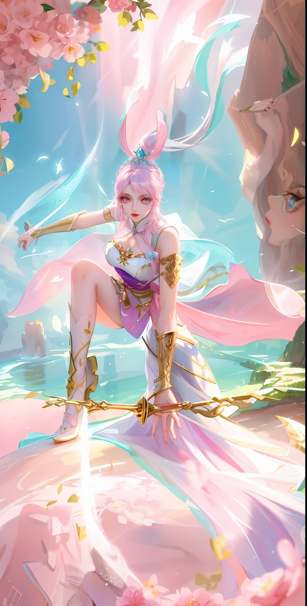 Best Quality, Superb Picture Quality, 8K, Masterpiece: 1.2, Ultra Detailed, Beautiful Character Painting, Little Dance Inspired by Douluo Continent, Epic Exquisite Character Art, Ultra Detailed Clothing Details, Light Pink Eyes, Silver High Heels, White and Pink Clothes
