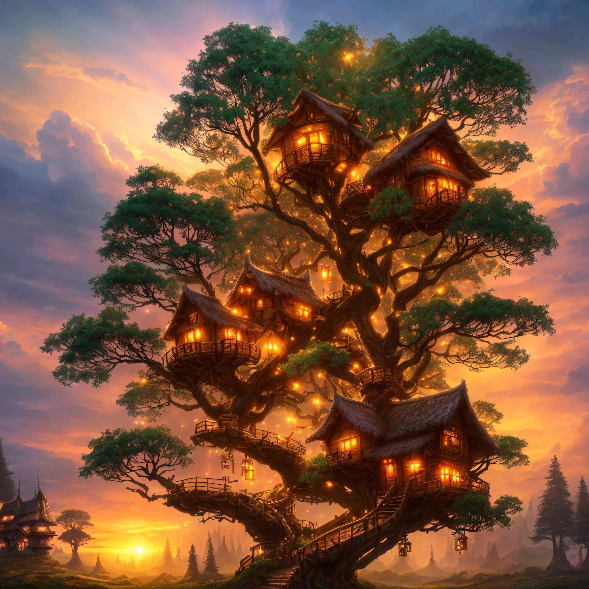 there is a tree house with lights on it in the middle of a field, tree town, warm fantasy lighting, 4k highly detailed digital art, fantasy tree, made of tree and fantasy valley, fantasy gorgeous lighting, tree house, bonsai tree house, fantasy matte painting，cute, detailed fantasy digital art, beautiful detailed fantasy, cyberpunk tree house, whimsical fantasy landscape art