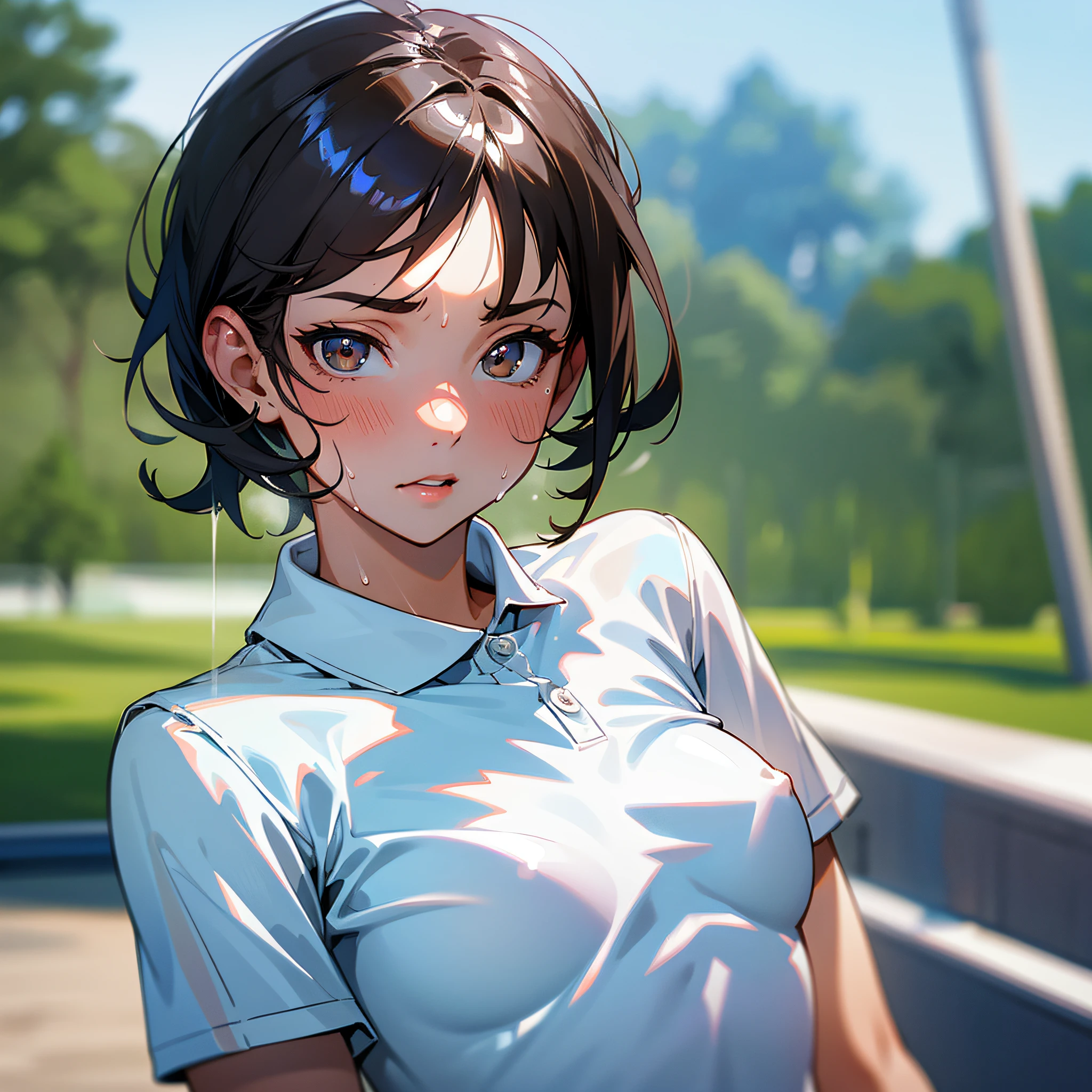 1girl, solo, white polo shirt, white sneakers, tennis wear, white miniskirt, masterpiece, best quality, realistic, hyper-detailed, (shiny skin, sweaty:1.4), absurd, looking at viewer, short black hair, brown eyes, slender, dynamic lighting, high resolution, sharp focus, depth of field, detailed eyes, sharp pupils, realistic pupils, (small breasts:1.6), (thick thighs:1.0), outdoor, sky --auto --s2