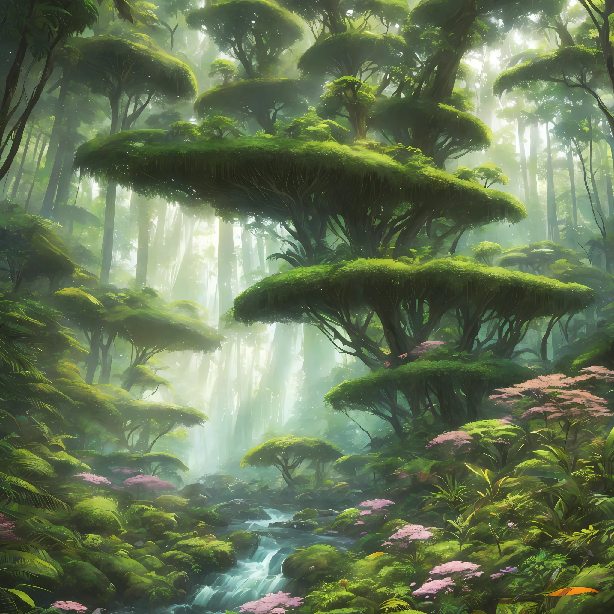 Digital illustration, detailed and intricate, picture of a dense rainforest with wild flowers , the sunlight filtering through the canopy to a wide river, Dark and dirty prism effect.In the style of Yoshitaka Amano and Hayao Miyazaki, masterpiece, proportional, detailed, trending on artstation, beautiful lighting, realistic, intricate, award winning, 4k, highest quality Award-winning, 4K digital painting in the style of Yoshitaka Amano. Detailed and intricate depiction of rainforest ecosystem, masterfully capturing the chaos and drama of the nature. Beautiful lighting and cinematic composition make this piece a true masterpiece, trending on artstation --auto --s2