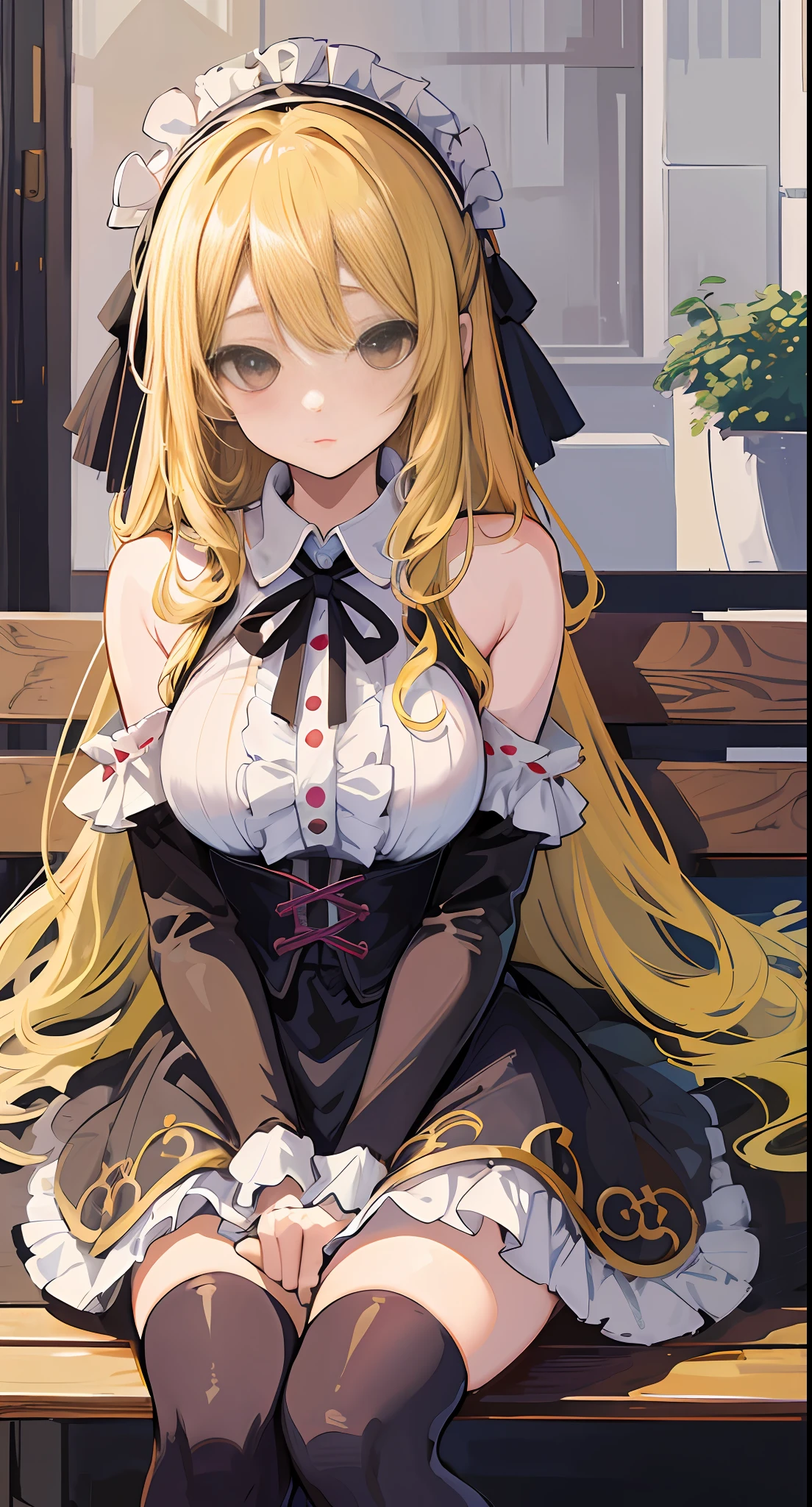 anime girl with long blonde hair sitting on a bench, blonde anime girl with long hair, anime girl wearing a black dress, in dress, cute anime waifu in a nice dress, marisa kirisame, anime girl with long hair, blonde - haired princess, portrait of lolian anime girl, anime moe artstyle, female anime character, portrait of an anime girl