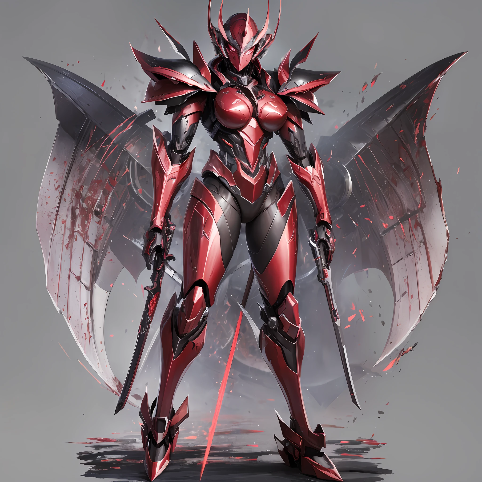 Crimson paint, villain, close-up of person in costume with scythe, cyber japan style armor, cyber japan armor, guyver style, girl in armor, monster hunter armor, full body mecha suit, perfect anime cyborg woman, cyborg noble woman, mecha cyber armor girl, detailed full body concept, female armor, anime character. Full Body Art --auto --s2