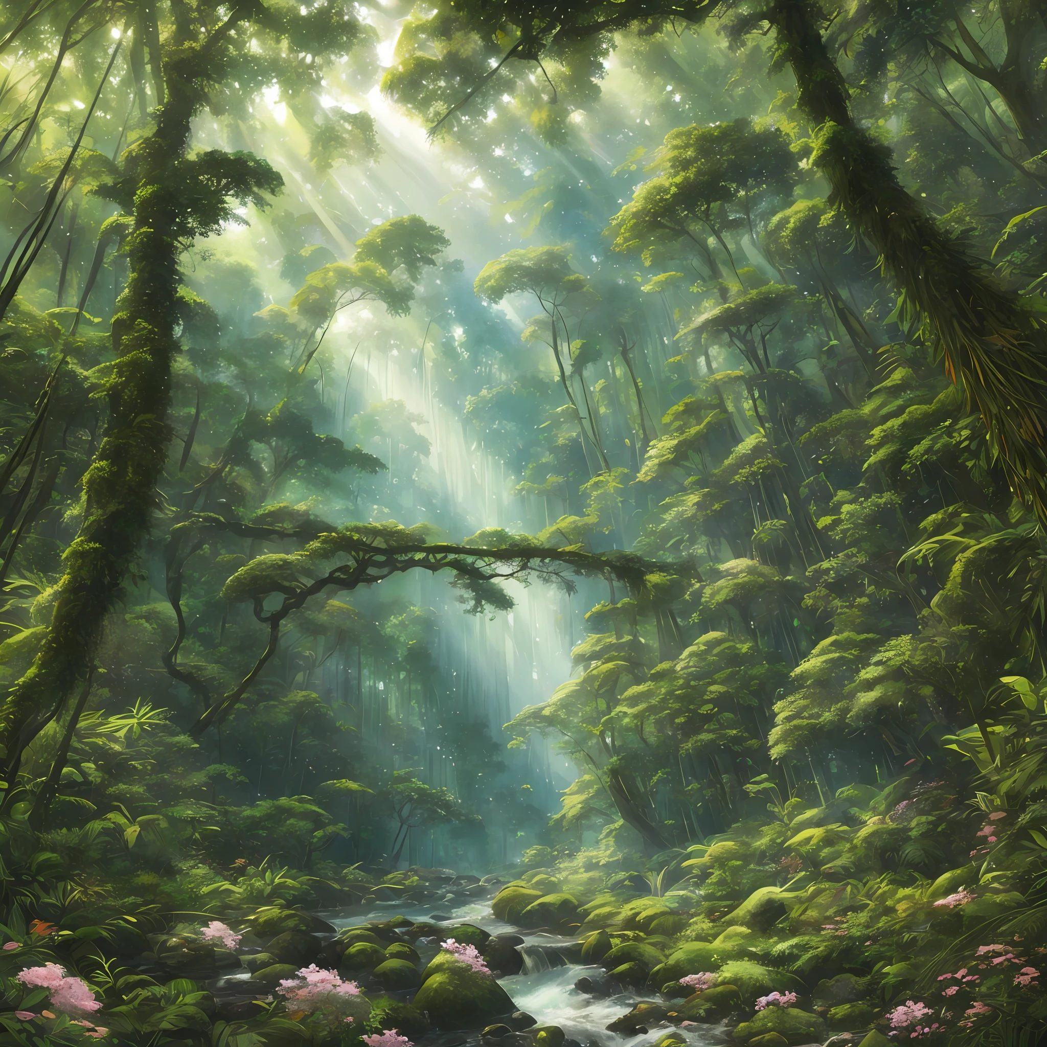 Digital illustration, detailed and intricate, picture of a dense rainforest with wild flowers , the sunlight filtering through the canopy to a wide river, Dark and dirty prism effect.In the style of Yoshitaka Amano and Hayao Miyazaki, masterpiece, proportional, detailed, trending on artstation, beautiful lighting, realistic, intricate, award winning, 4k, highest quality Award-winning, 4K digital painting in the style of Yoshitaka Amano. Detailed and intricate depiction of rainforest ecosystem, masterfully capturing the chaos and drama of the nature. Beautiful lighting and cinematic composition make this piece a true masterpiece, trending on artstation --auto --s2