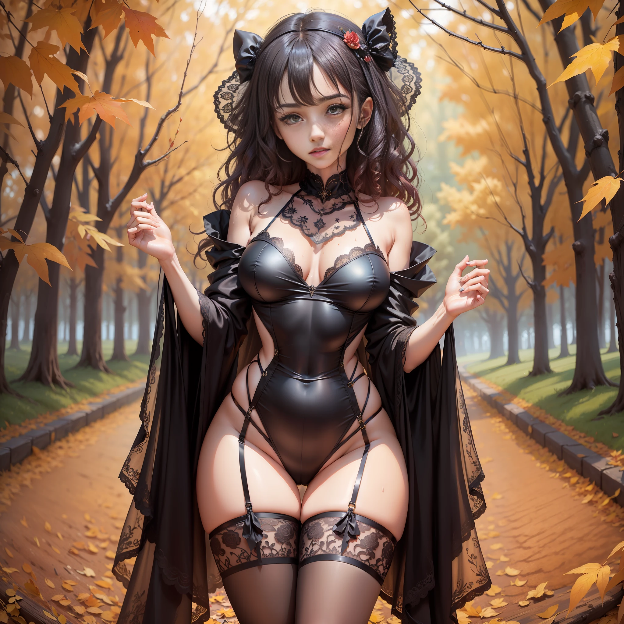 Master works, clenched teeth, high detail, higher quality, 8k resolution, perfect body, royal sister, black silk long legs, full body shot, hot girls, blush, curly hair, lace, hot pants, wet body, hands behind the head, autumn scene,