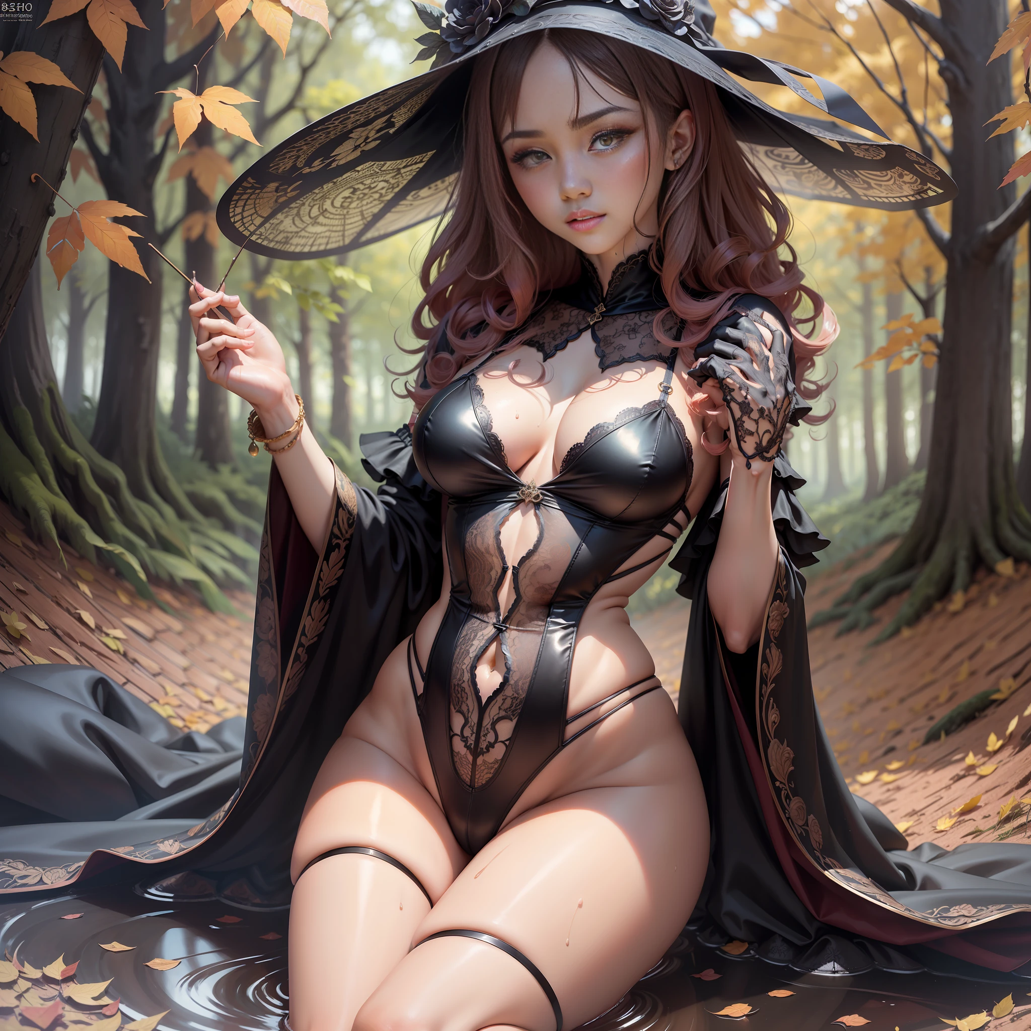 Master works, clenched teeth, high detail, higher quality, 8k resolution, perfect body, royal sister, black silk long legs, full body shot, hot girls, blush, curly hair, lace, hot pants, wet body, hands behind the head, autumn scene,
