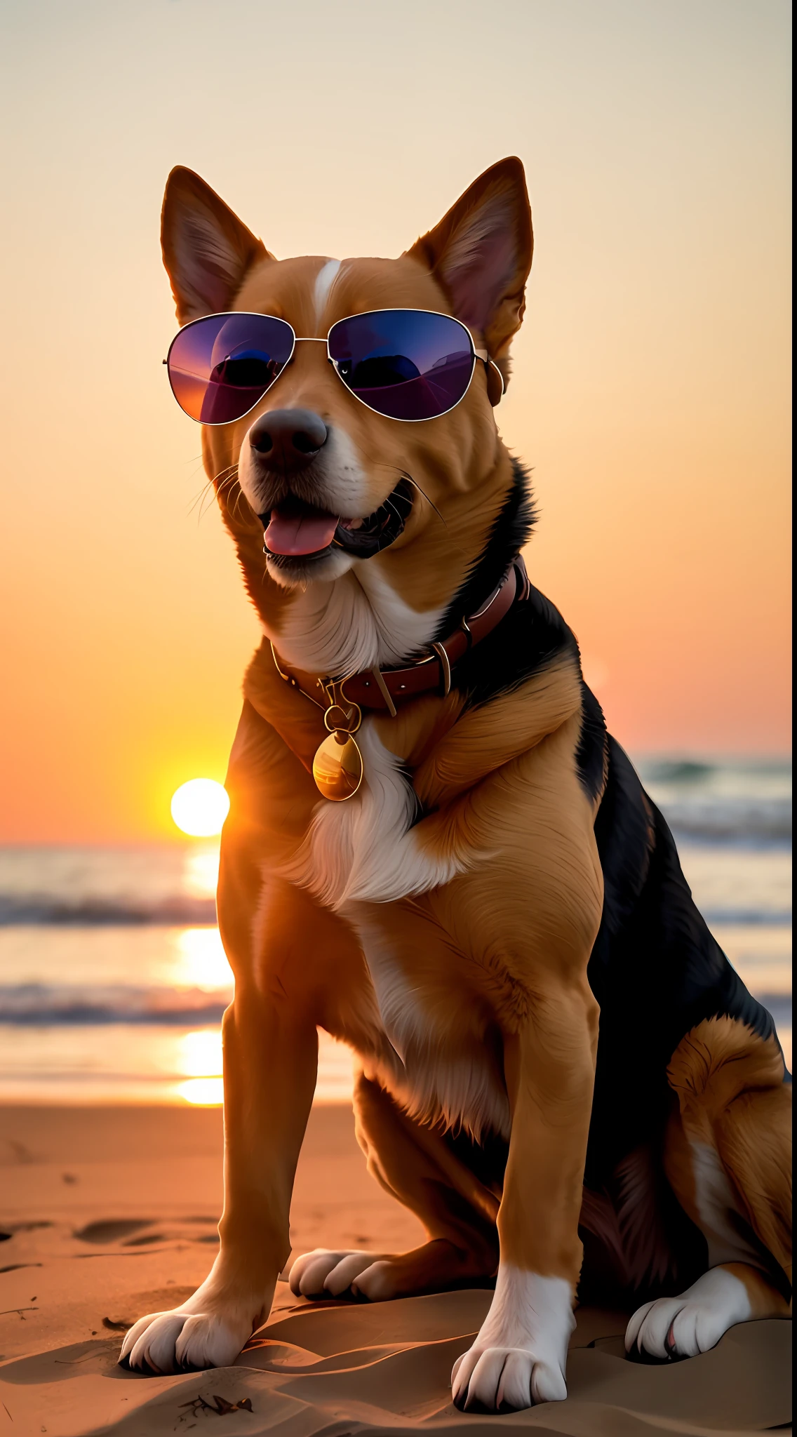 85mm, f1.8, portrait a dog on a beach wearing sunglasses, photo realistic, hyperrealistic, orante, super detailed, intricate, dramatic, sunset lighting, shadows, high dynamic range