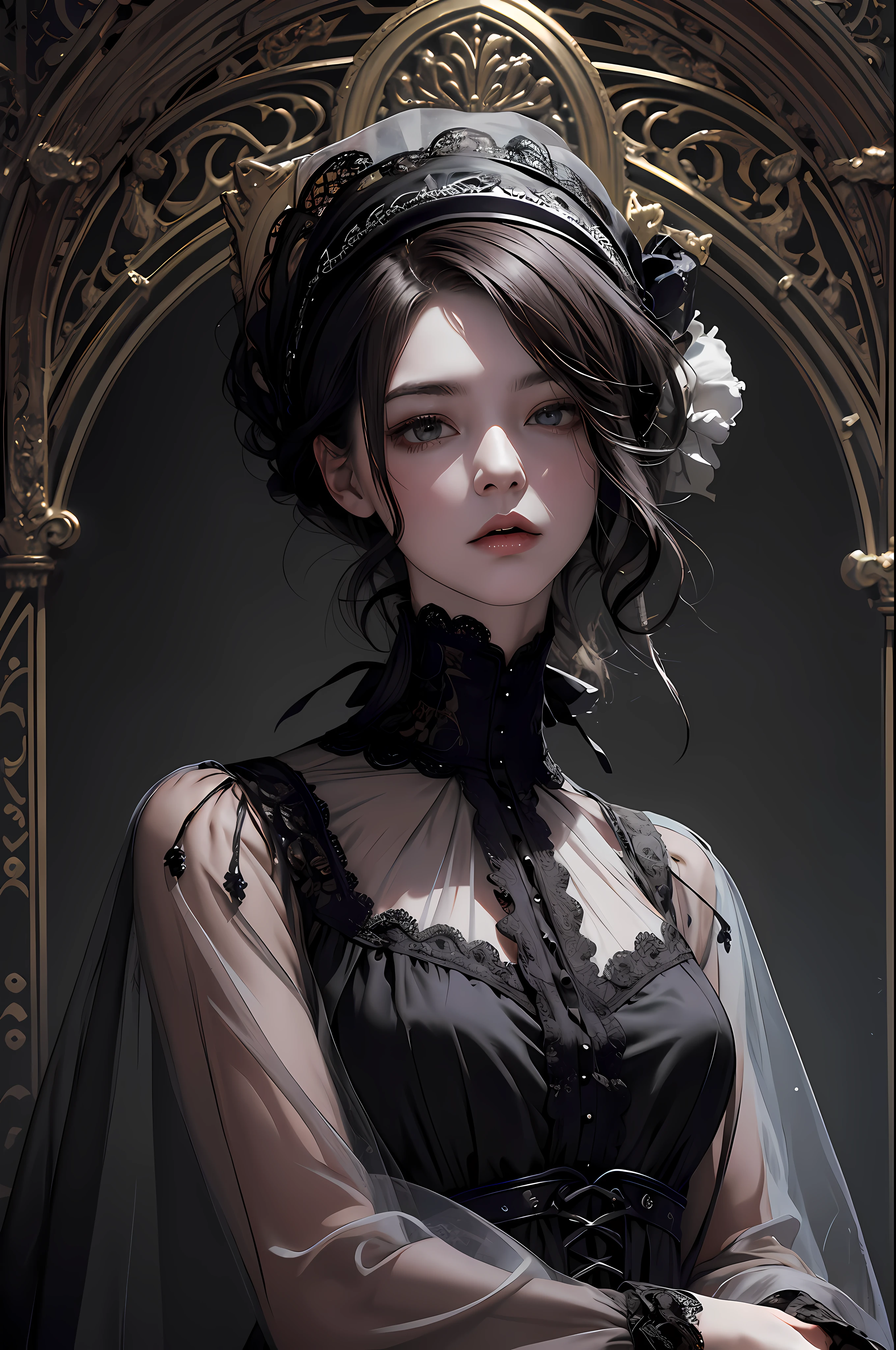 Official Art, Unity 8k wallpaper, super detailed, beautiful, beautiful, masterpiece, best quality,
darkness, atmosphere, mystery, romanticism, creepy, literature, art, fashion, victorian, decoration, intricacies, ironwork, lace, contemplation, emotional depth, supernatural,
1 girl, solo, neck, bust composition, transparent outfit, transparent clothes,
