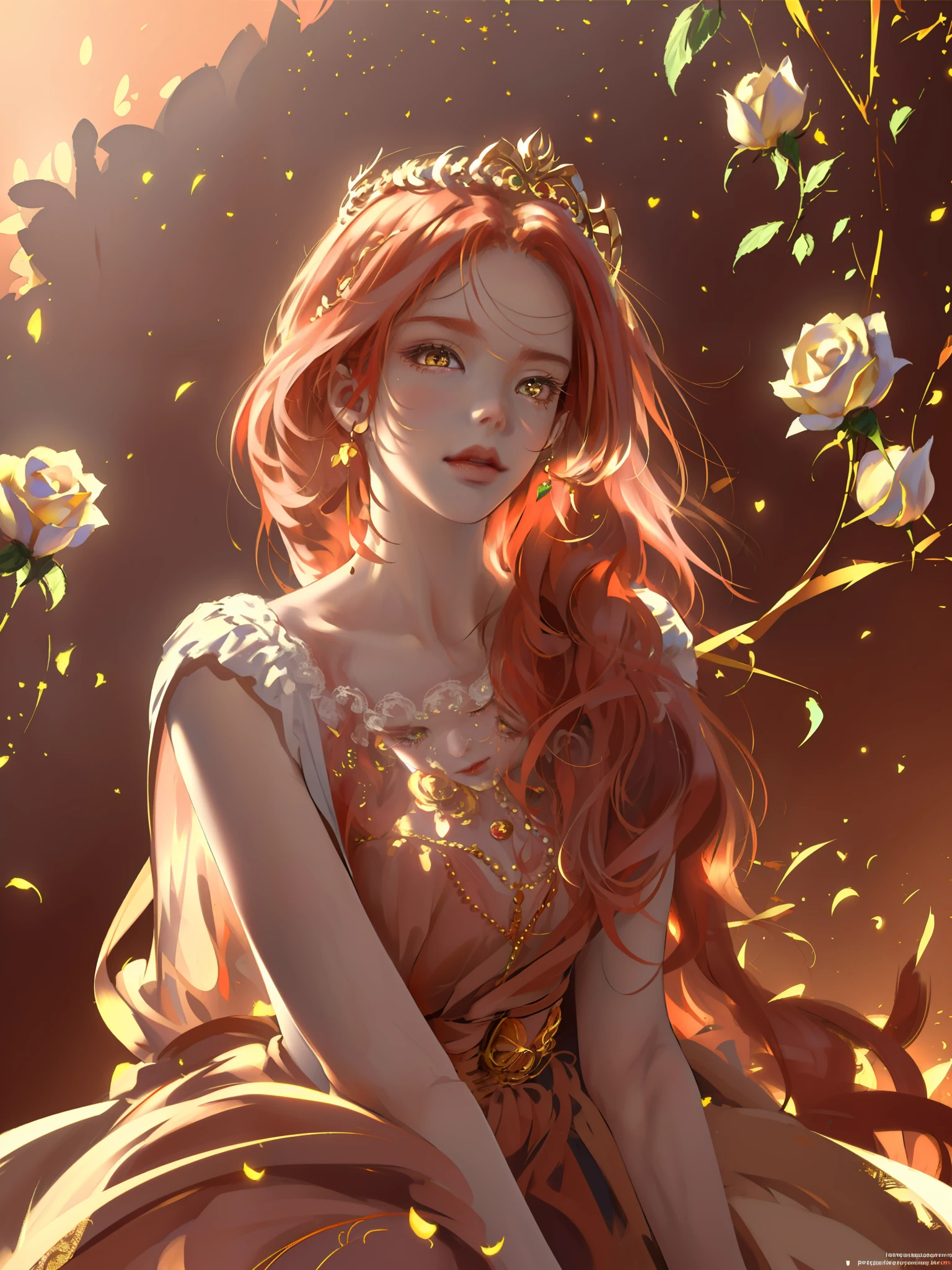(((Masterpiece)), high quality, super detailed, red hair + golden clothing: 1.2, sweet and delicate girl, delicate facial features, perfect body, ta, crown, face with decoration, rose, bright bright colors, pearl white background, romantic long hair, natural light, warm and sweet, golden eyes, gorgeous hair decoration.