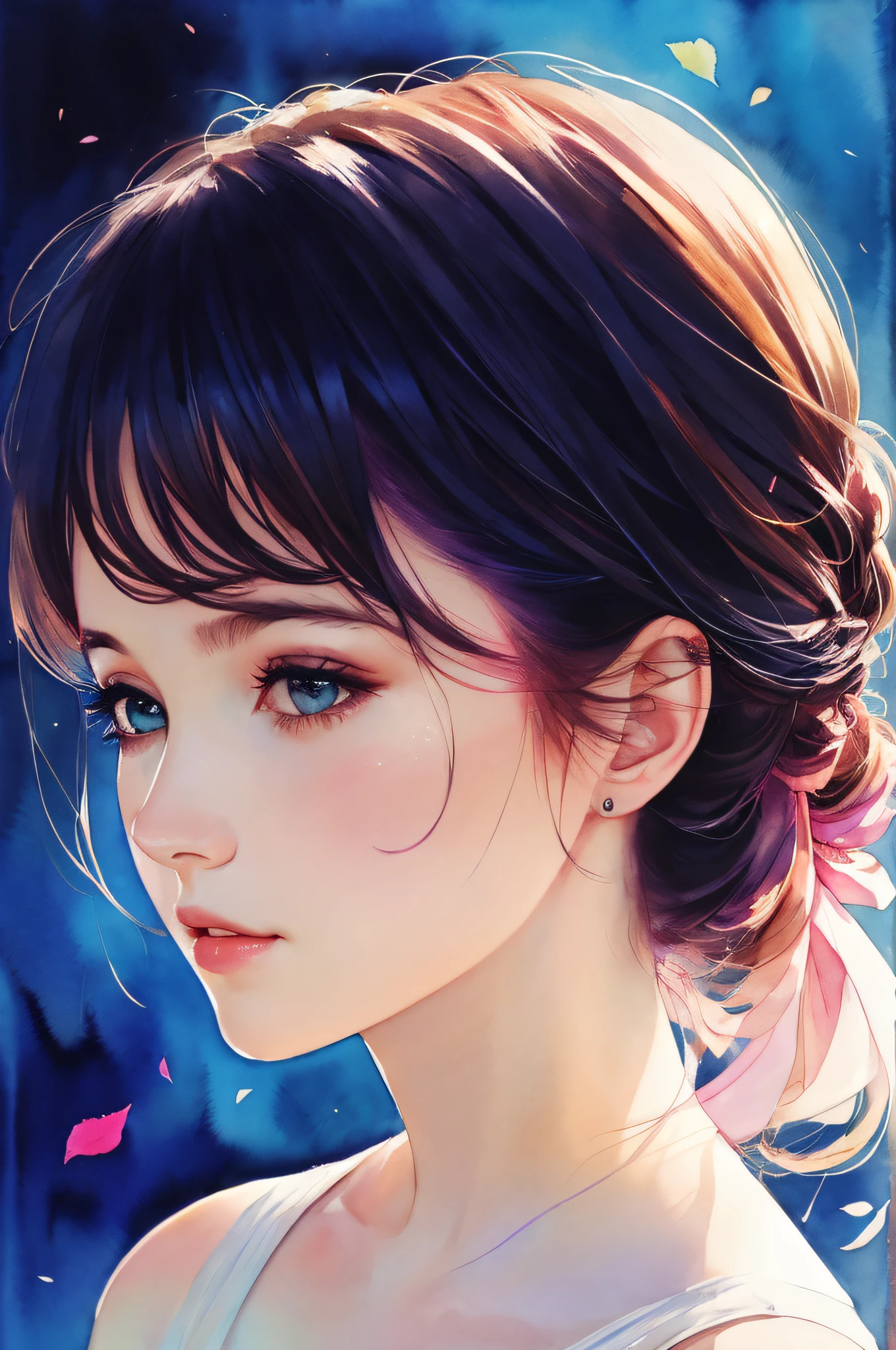 (8k, best quality, masterpiece:1.2),(best quality:1.0), (ultra highres:1.0), watercolor, a beautiful woman, shoulder, hair ribbons, by agnes cecile, half body portrait, extremely luminous bright design, pastel colors, (ink:1.3), autumn lights,