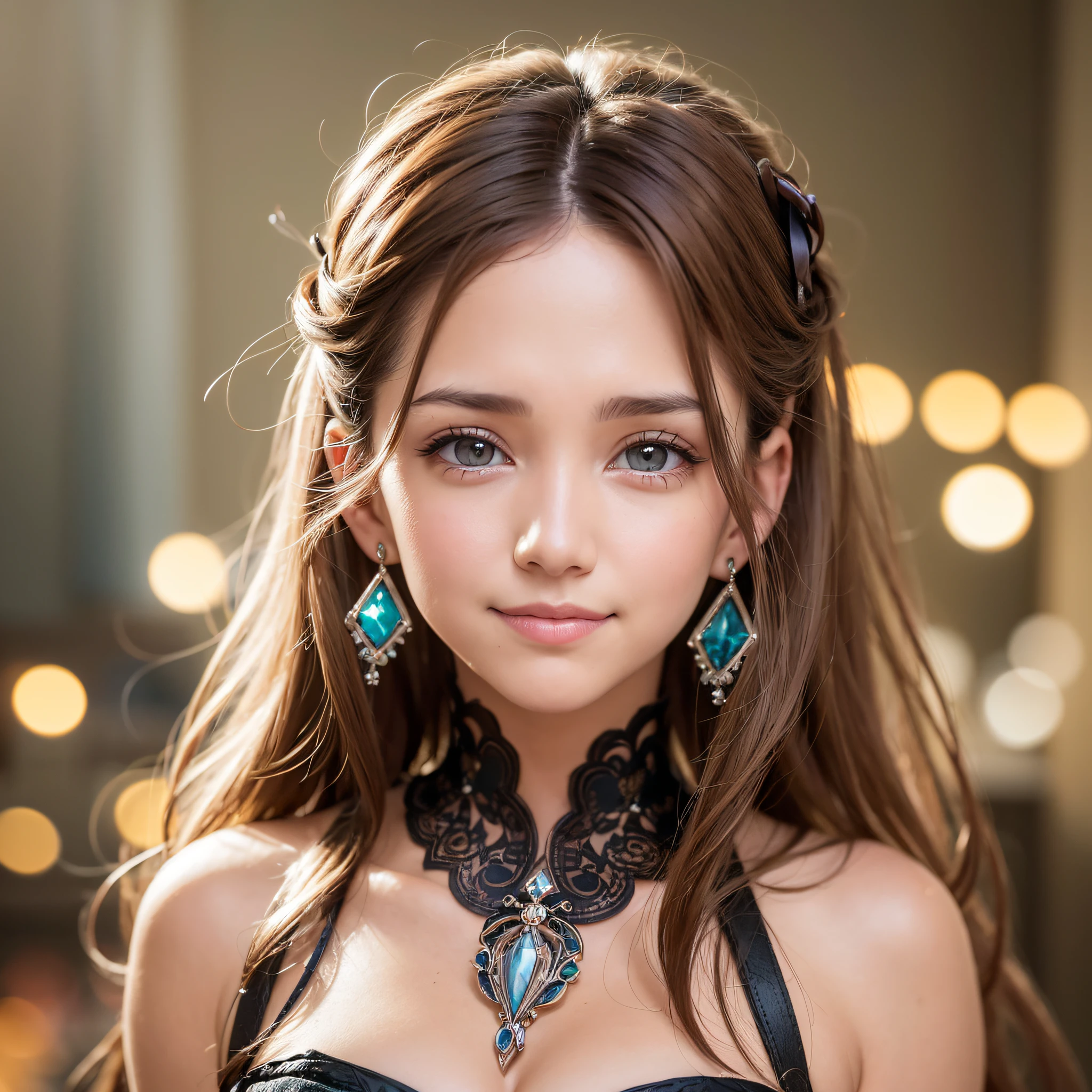 beautife, light brown hair, hairpin, aqua eyes, crescent earrings, smile, Verism, depth of field, cinematic lighting, symmetry, cowboy shot, Sony FE, UHD, ccurate, textured skin, 4K --auto --s2
