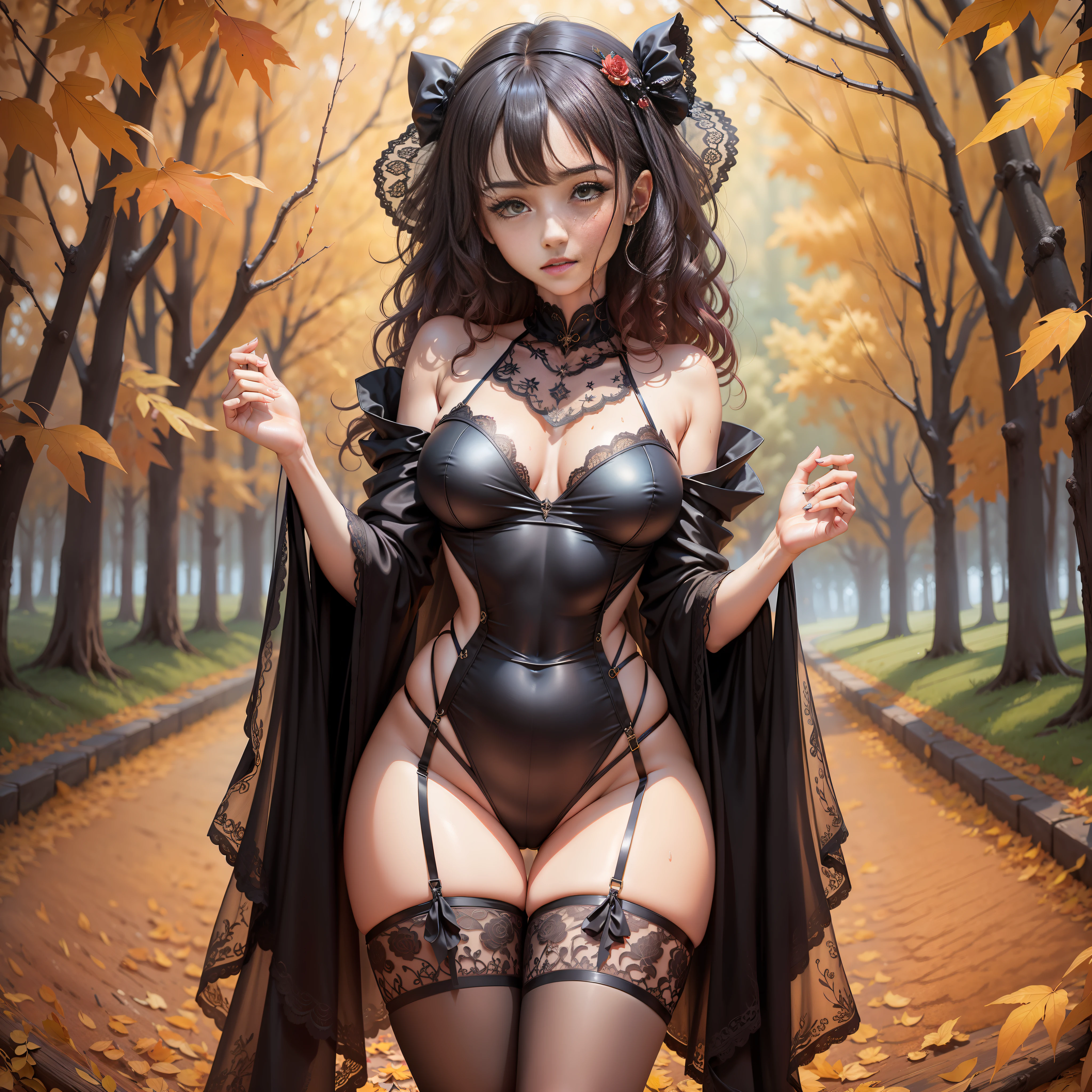 Master works, clenched teeth, high detail, higher quality, 8k resolution, perfect body, royal sister, black silk long legs, full body shot, hot girls, blush, curly hair, lace, hot pants, wet body, hands behind the head, autumn scene,