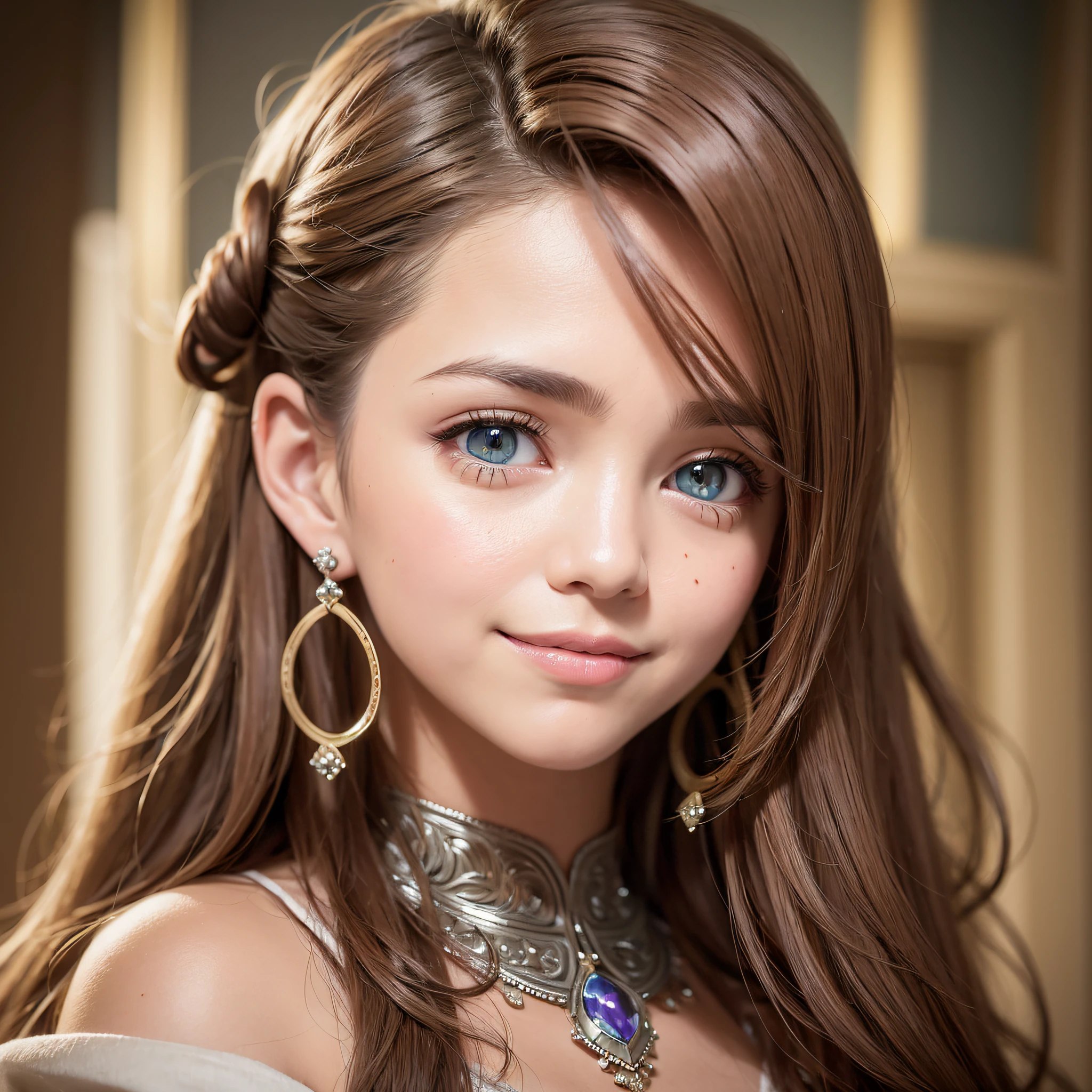 beautife, light brown hair, hairpin, aqua eyes, crescent earrings, smile, Verism, depth of field, cinematic lighting, symmetry, cowboy shot, Sony FE, UHD, ccurate, textured skin, 4K --auto --s2
