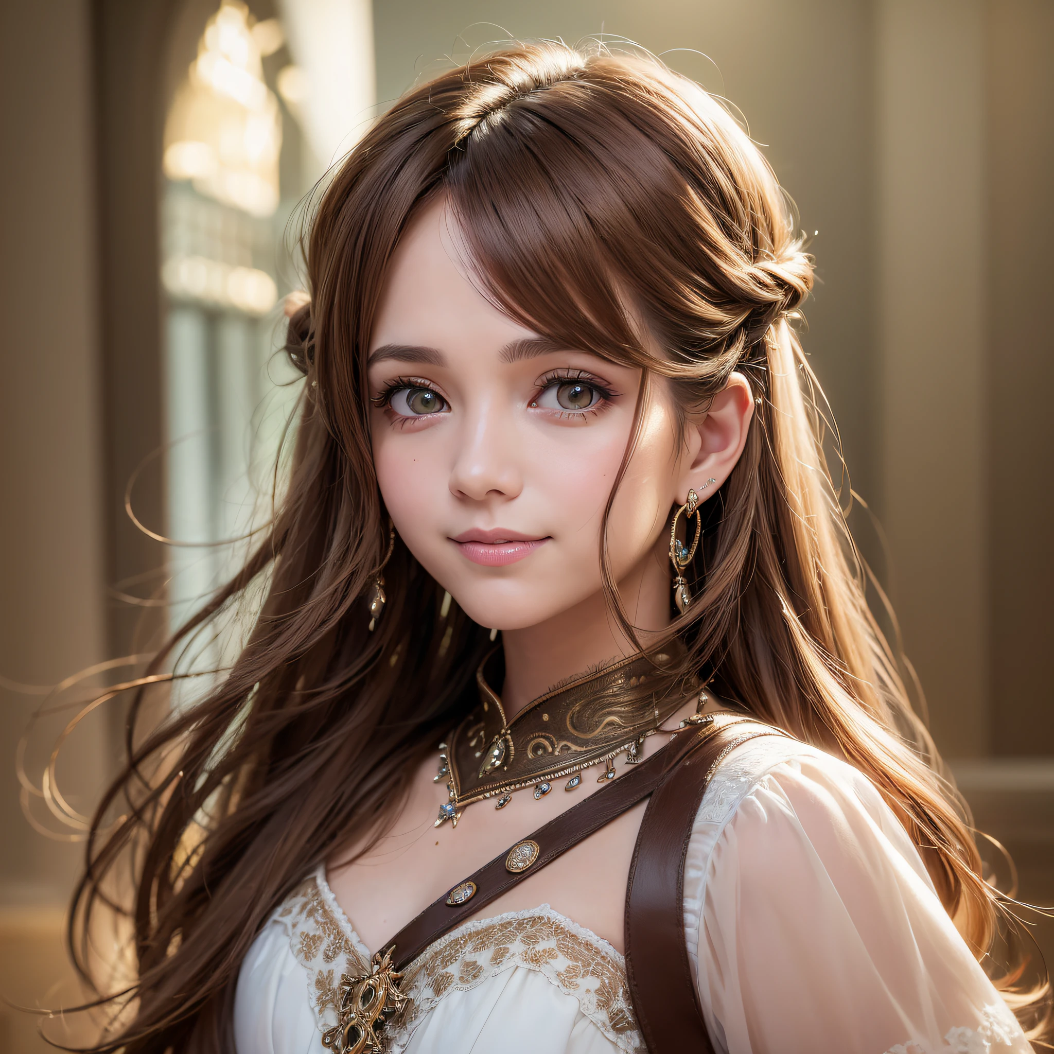 beautife, light brown hair, hairpin, aqua eyes, crescent earrings, smile, Verism, depth of field, cinematic lighting, symmetry, cowboy shot, Sony FE, UHD, ccurate, textured skin, 4K --auto --s2