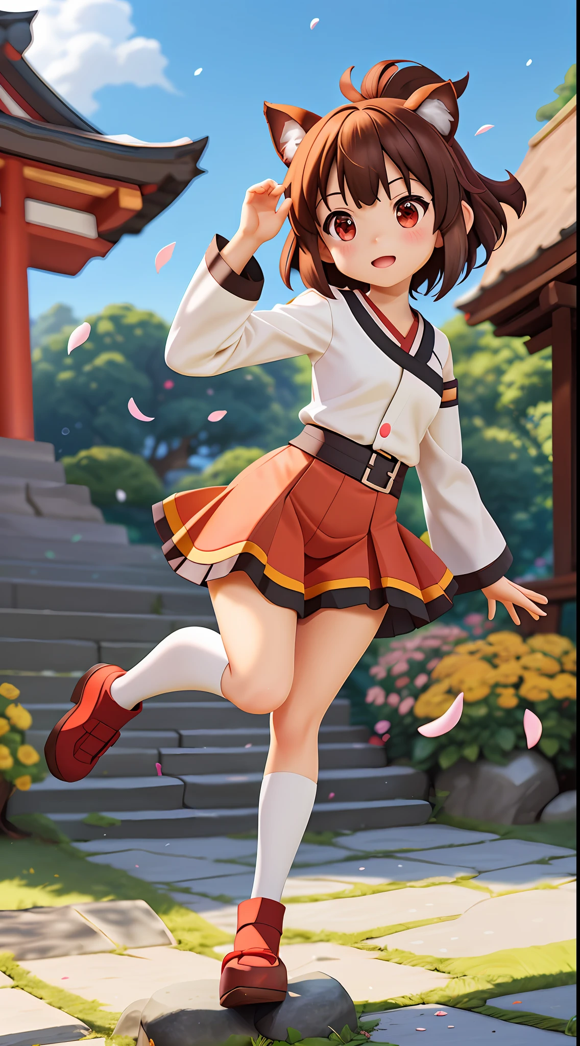 ******_megumin_konosuba dog, short hair, brown hair, dog ears red eyes, detached long sleeves, white kimono, pleated miniskirt, dogtail diffuse sunlight, depth of field, light particles, strong wind, blue sky, shrine, stone stairs, falling flower petals, facial focus