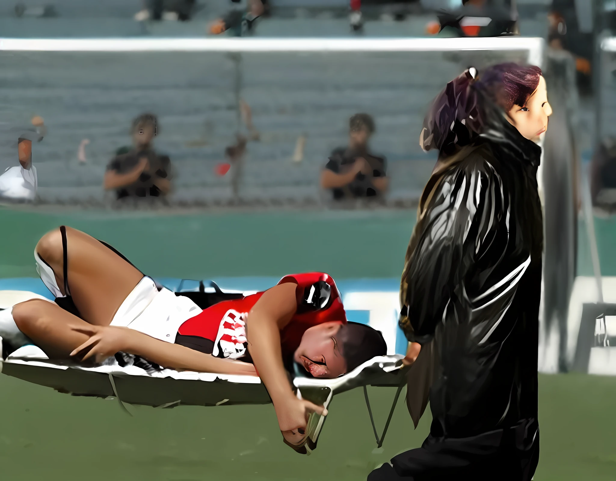 black shiny down jackets, shiny down jackets, there are longhaired woman who are wearing very high-gloss and waterproof puffy jackets and shiny leather pants, the women are carrying a stretcher in a sports stadium, on the stretcher there is lying a young Caucasian football player, the football player is wearing a white short-sleeved shirt and white shorts, the soccer player is lying on his back on the stretcher and is covering his face with both hands, the women are angry and are shouting out loud, the women are frightened and are looking very concerned, the woman are in love with the soccer player, the women are carrying the stretcher out of the soccer field, the sports field in the background is a soccer field with a large visitors' stand, a soccer match is playing in the background, dramatic action pose, dramatic suffering pose, accident scene, first-aid-scene, theatralic pity poses