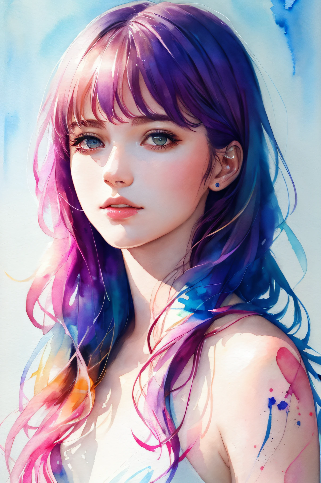 (8k, best quality, masterpiece:1.2),(best quality:1.0), (ultra highres:1.0), watercolor, a beautiful woman, shoulder, hair ribbons, by agnes cecile, half body portrait, extremely luminous bright design, pastel colors, (ink:1.3), autumn lights,