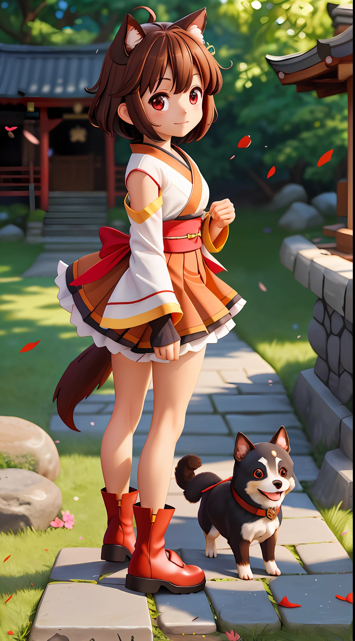 ******_megumin_konosuba dog, short hair, brown hair, dog ears red eyes, detached long sleeves, white kimono, pleated miniskirt, dogtail diffuse sunlight, depth of field, light particles, strong wind, blue sky, shrine, stone stairs, falling flower petals, facial focus