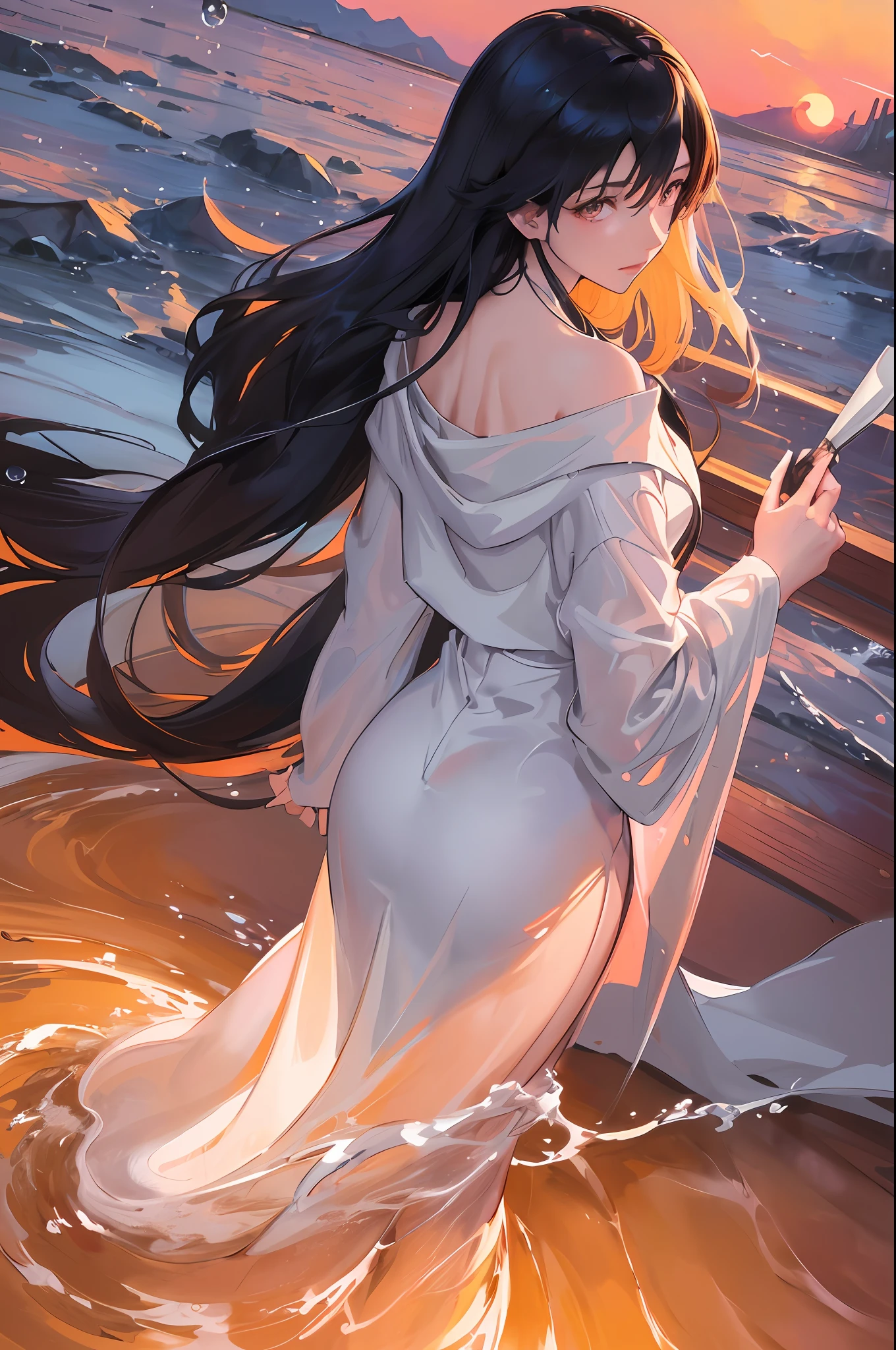 Painting of a woman with long black hair in a white robe walking in the rain, Makoto Shinkai Cyril Rolando, Makoto Shinkai. Digital rendering, masterpiece, best quality, (8k very detailed CG unit wallpaper) (best quality), (best illustration), (best shade) pink woods, bright orange AOL sunset through waves, golden water drops flying, masterpiece, best quality, mountain background