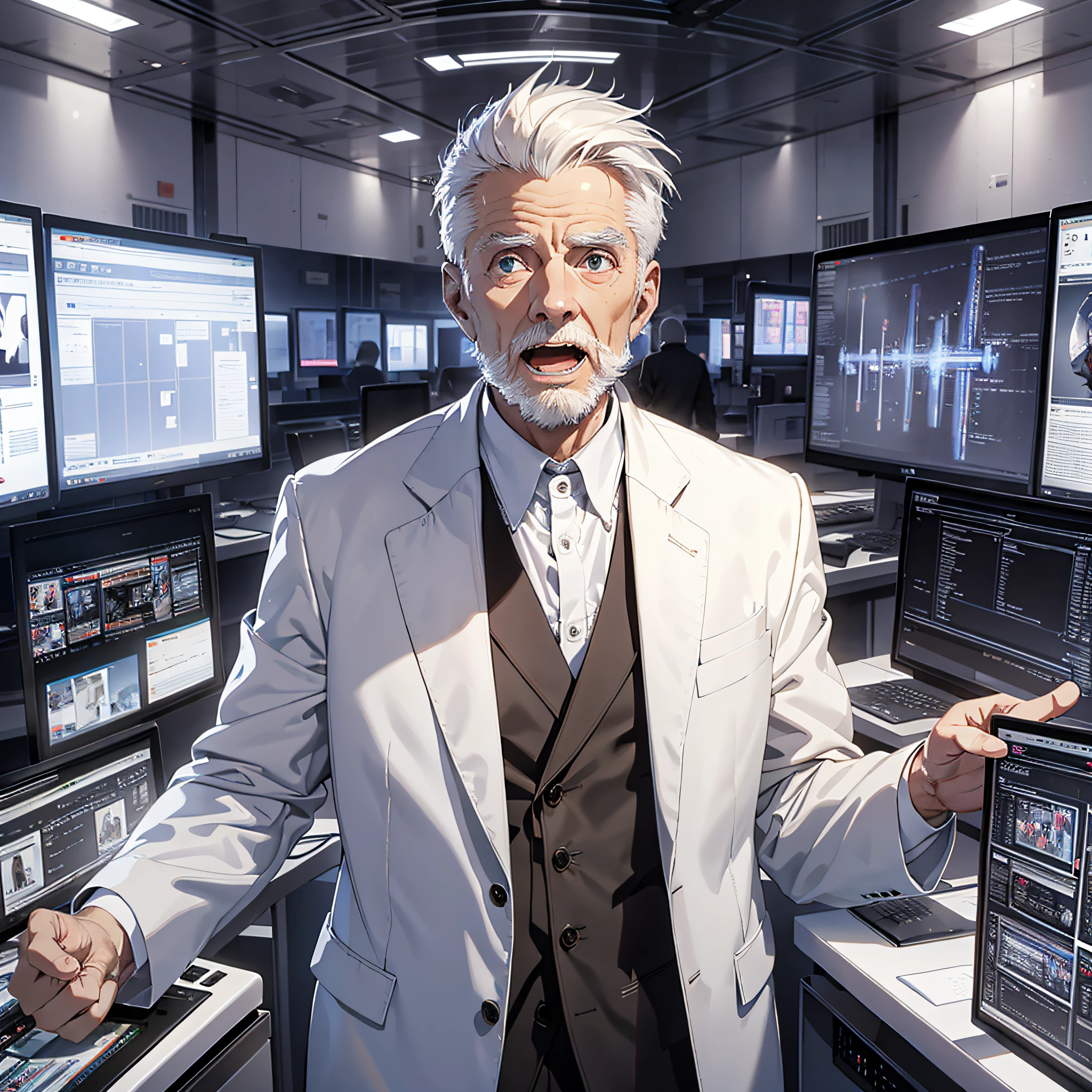 White-haired old man in white suit (1.3), the background is a large scientific observation post with many large screens, open mouth calling, expression surprised and shocked