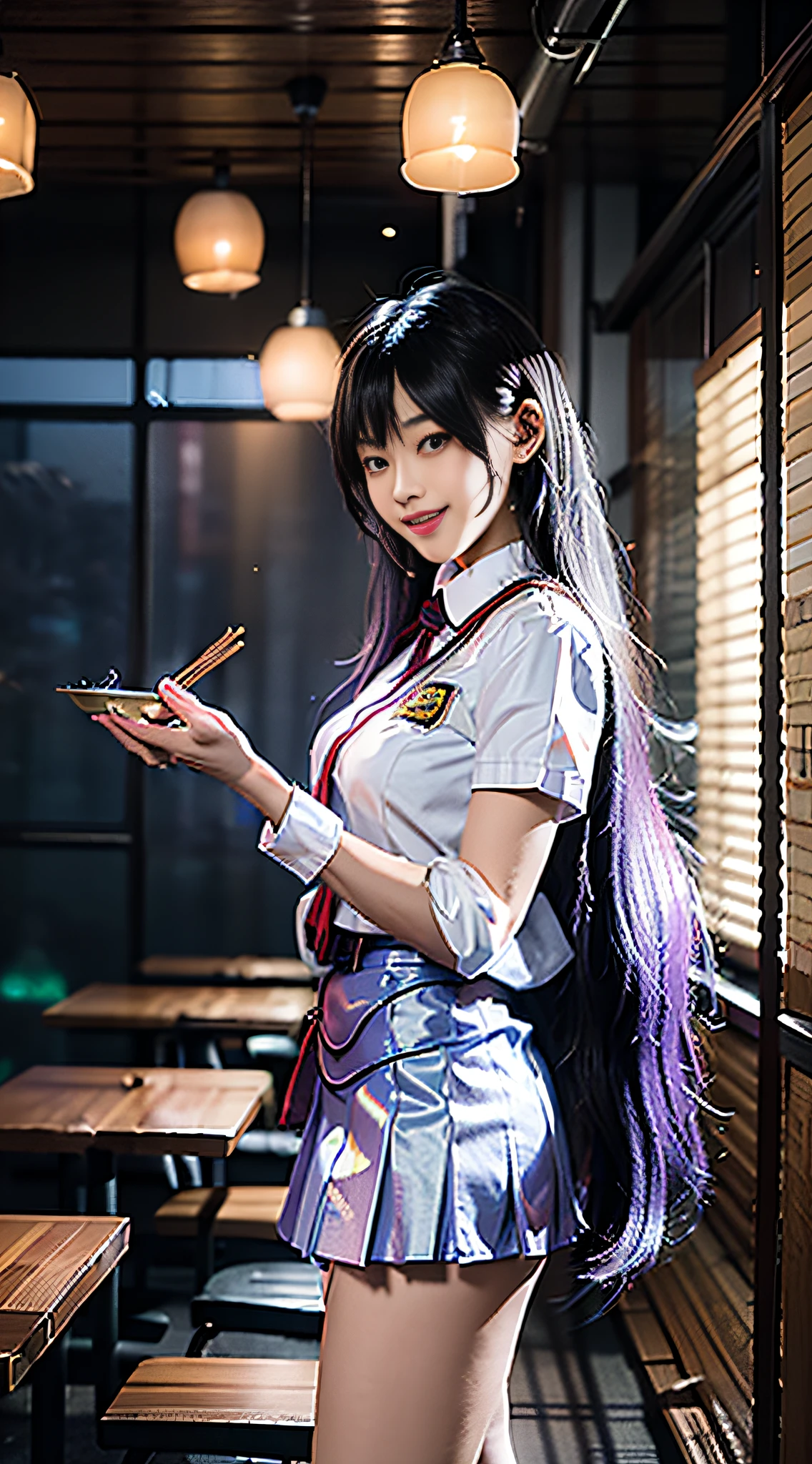 (masterpiece), best quality, ultra high res, close up, slim body, 1girl,school uniform, long hair, laughing, ramen, night, Tokyo restaurant background, colorful lights, photon mapping, radiosity, physically-based rendering, cinematic lighting, intricate, High Detail, Sharp focus, dramatic, photorealistic