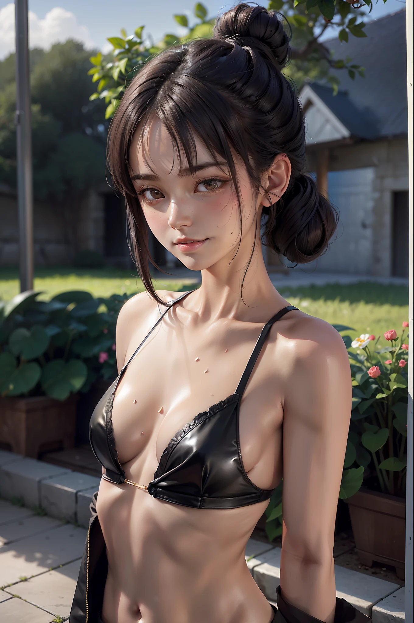 (Best Quality: 1.1), (Masterpiece: 1.2), Portrait,
1 Girl, yuzuriha_, Black hair, Brown eyes, Ninja, Open clothing, Cleavage, Small tits, Top knot, Medium hair, Detached breasts, White band, Grinning, Outdoors, (blush:1.1), Flowers,
Pure_Innocent_girl, pureerosface_v1, ((torso))), subjective, (((depth of field)))), pale and shiny skin, sweaty, skin wet, embarrassed, embarrassed, cheeks blush