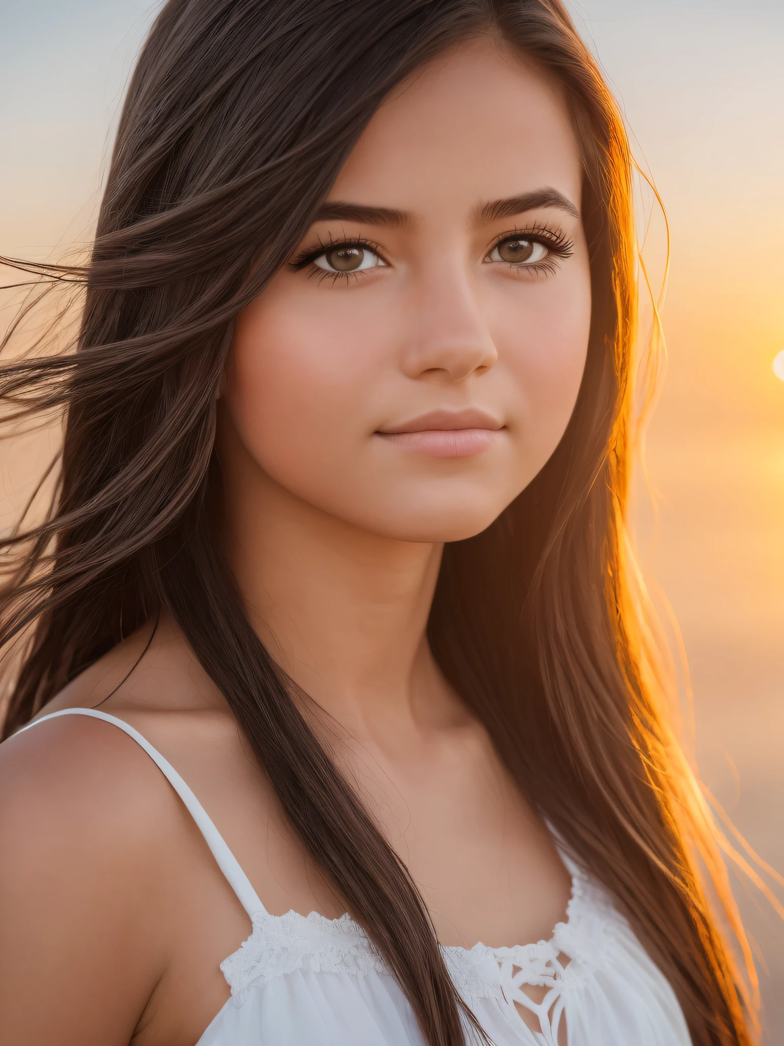 (realistic portrait:1.2, girl:1.2, sunrise backdrop:1.1, high attention to details, emphasize facial features, subtle pose, warm lighting:1.1)