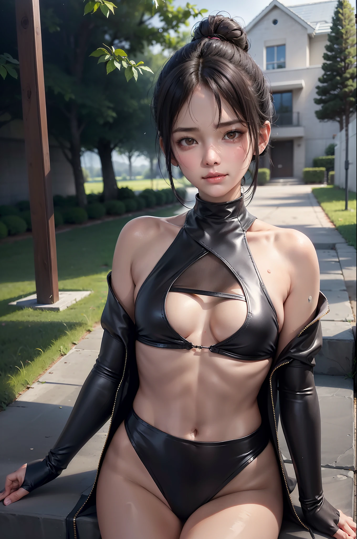 (Best Quality: 1.1), (Masterpiece: 1.2), Portrait,
1 Girl, yuzuriha_, Black hair, Brown eyes, Ninja, Open clothing, Cleavage, Small tits, Top knot, Medium hair, Detached breasts, White band, Grinning, Outdoors, (blush:1.1), Flowers,
Pure_Innocent_girl, pureerosface_v1, ((torso))), subjective, (((depth of field)))), pale and shiny skin, sweaty, skin wet, embarrassed, embarrassed, cheeks blush