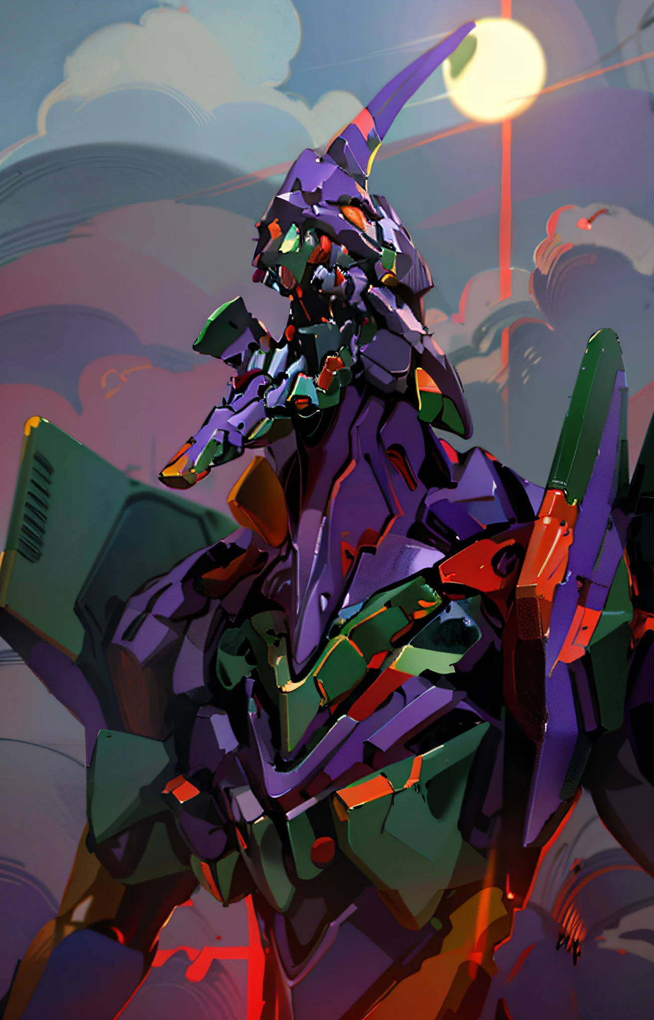 Eva 01, Eva God, Evangelion Mecha, Science Fiction, Look Audience, (Official Art, Best Quality, Masterpiece: 1.2), Highest Quality, More Details, 8K, Mecha, Doomsday Style, Manga Style, Magazine Style, Japanese, HD, Red Eyes, EVA 01's body