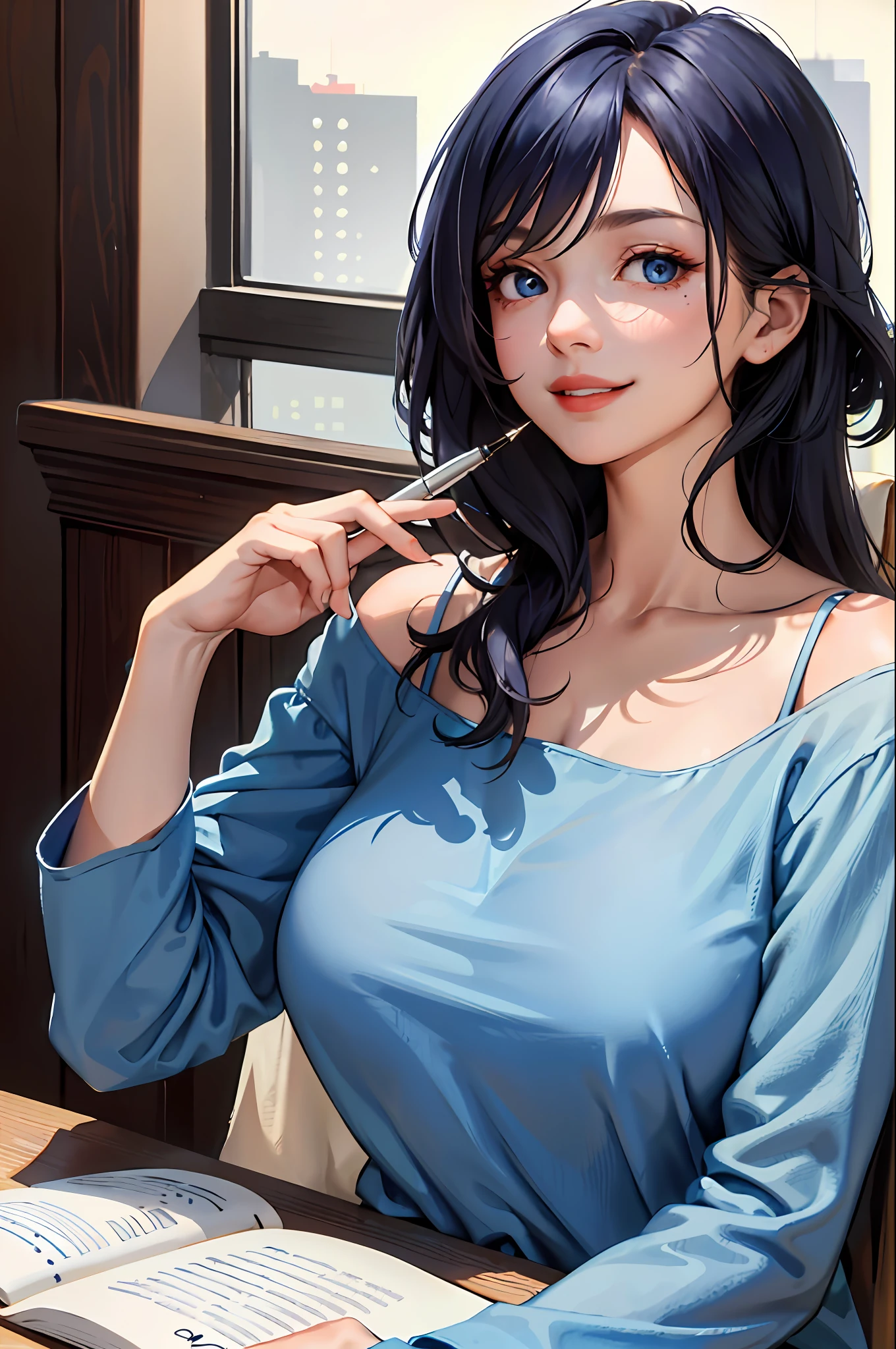 (masterpiece:1.2, best quality), (1lady, solo, upper body:1.2), clothing: loose-fitting, comfortable pajamas Accessories: Signature pen in hand, Hair: Short dark blue shoulder-length hair Makeup: natural, glowing skin, behavior: facing the table, sitting at the table, smiling location: study, study desk, blue eyes, huge breasts,