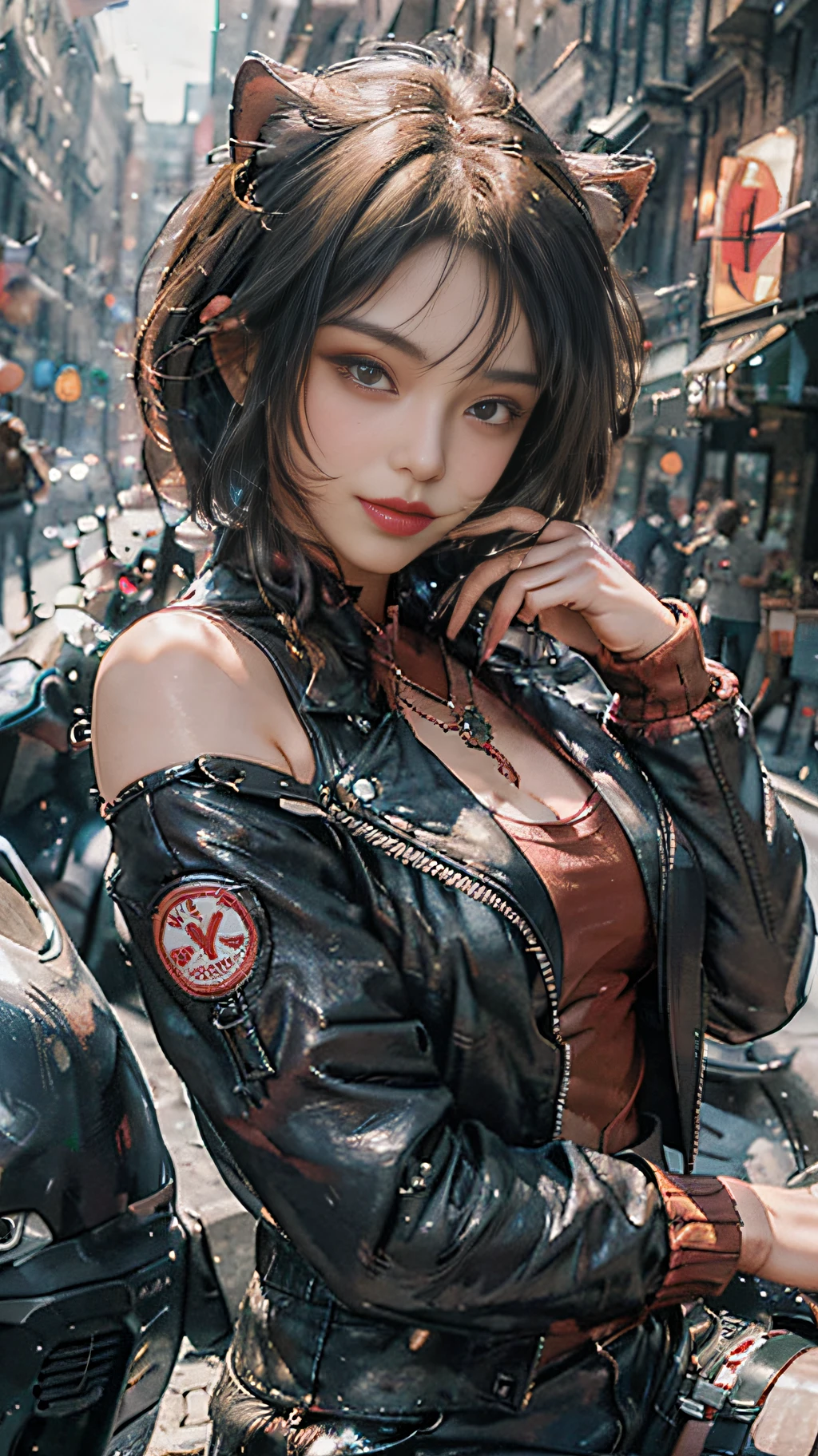 1girl, delicate and beautiful facial features, flower eye shadow and light makeup, exquisite jewelry and necklace, short delicate technology leather jacket on the upper body, delicate technical leather pants on the lower body, sitting on a red high-tech motorcycle, wearing a delicate red cat ear motorcycle helmet, smiling back, bare shoulders, showing the perfect curves and plump buttocks behind it, background special effects neon, colorful, colorful, highlighting motorcycles and girls, highest picture quality, masterpiece, high resolution, complex motorcycle details highlight future technology creation, facial features are clear and not blurred, normal human fingers,