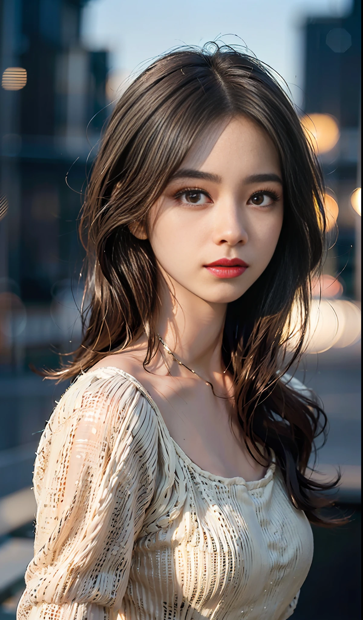 (((photorealistic))), half body portrait of a woman, (dark brown hair with blonde highlight: 0.4), (city at night background: 0.5), detailed face, wide eyes, diffused lighting, (backlight: 0.3), sharp focus, center framed, symmetrical, (((Helios 44-2 58mm F2)))