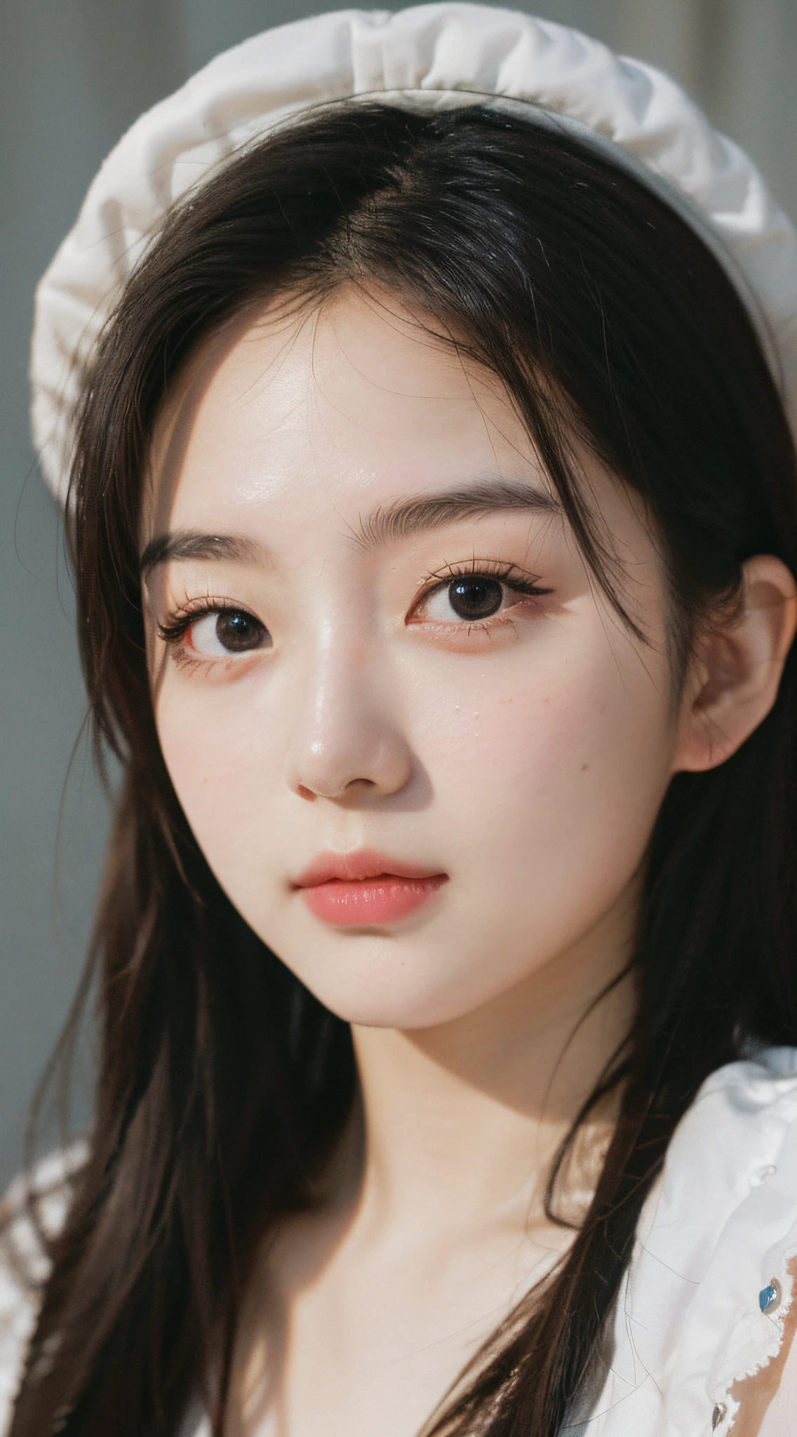 Best Quality, Masterpiece, Ultra High Resolution, (Realistic: 1.4), Original Photo, Head Photo, Skin, Simple Background, Black Eyes, Detail, Selfie, 1 Girl, 17 Years Old, Macaron,