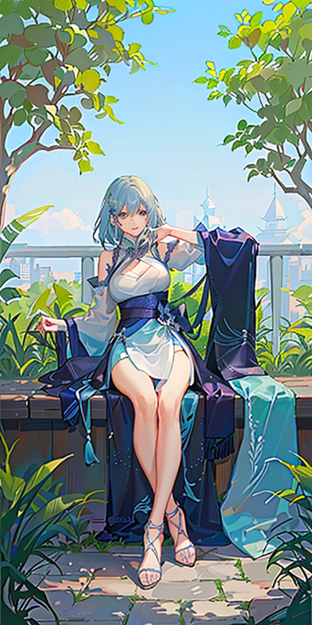 8K, HD quality, (beautiful style of sagging girl) + (static angle with soft light and shadow) + (rich watercolor tone) + (blue-haired girl, beautiful and elegant), sitting, cheongsam, holding folding fan, background green,