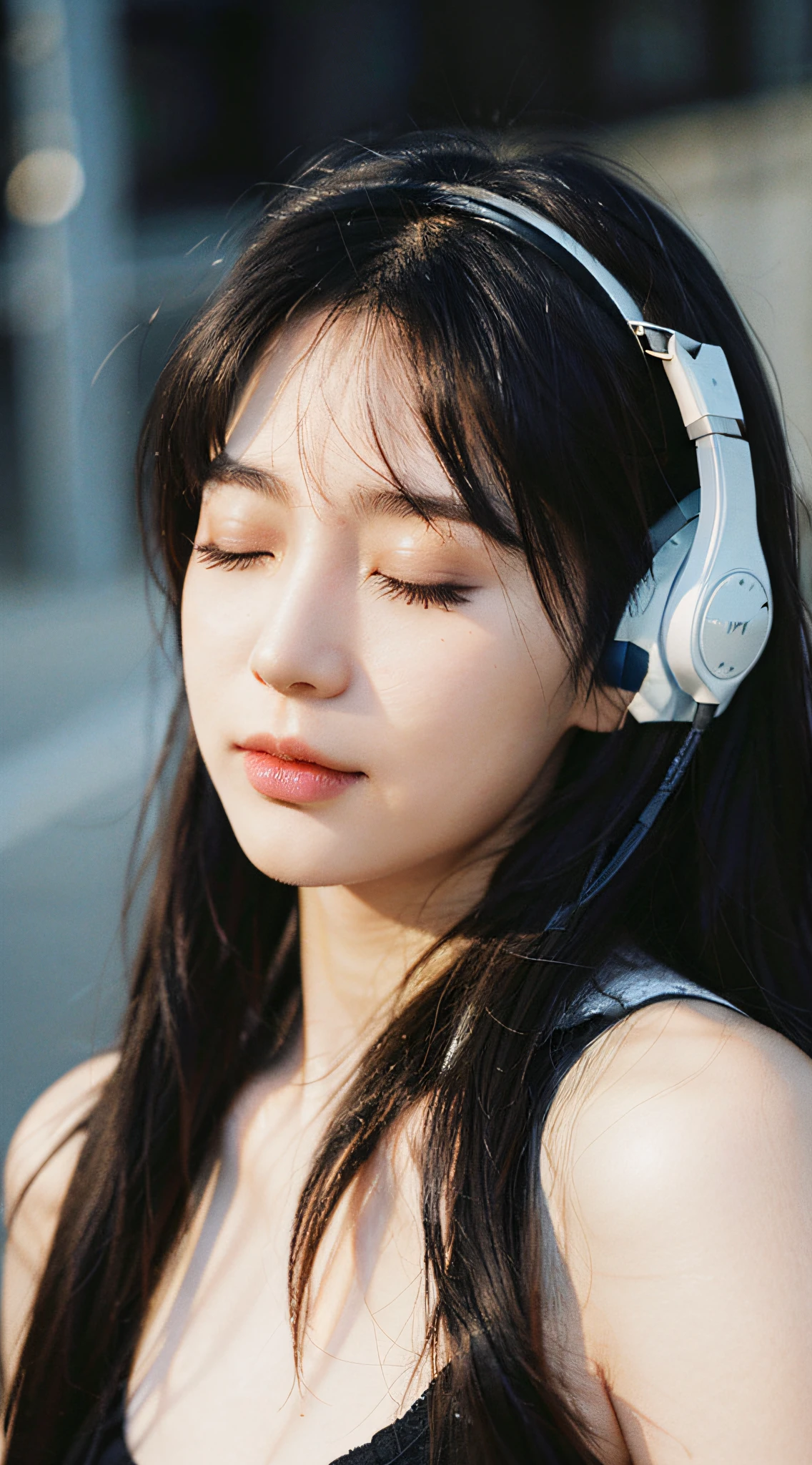 Best Quality, Masterpiece, Super High Resolution, (Realistic: 1.4), Original Photo, Head Photo, Skin, Simple Background, Black Eyes, Detail, Selfie, 1 Girl, Headphones, Breeze, Closed Eyes, Enjoy