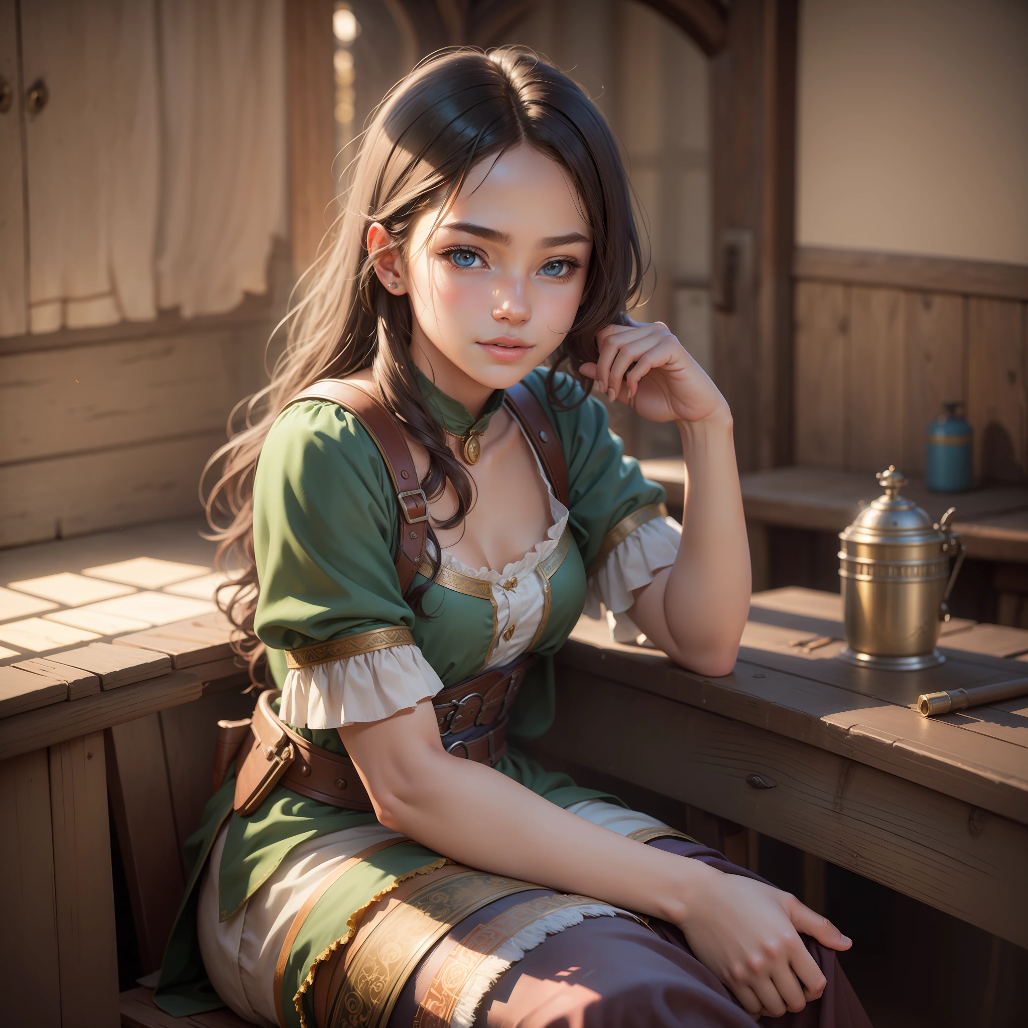A stunningly realistic 18-year-old portrayed in a masterpiece of ultra-detailed artwork, 1girl, scavenger girl, sitting in a medieval fantasy tavern interior, fullbody, seductive lips, makeup, light smile, textured skin, nose blush, realistic eyes, cinematic lighting, chromatic aberration, ray tracing, reflection light, backlighting, Fujicolor, vignetting, Fujicolor, lens flare, Wide-Angle, 135mm, Nikon, Fujifilm